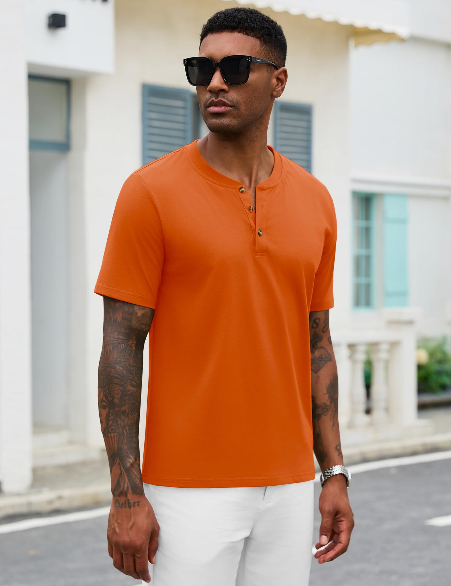 MAGNIVIT Mens Henley Shirts Short Sleeve Cotton Casual Summer Basic T-Shirts 3 Button Solid Collarless Shirts for Work