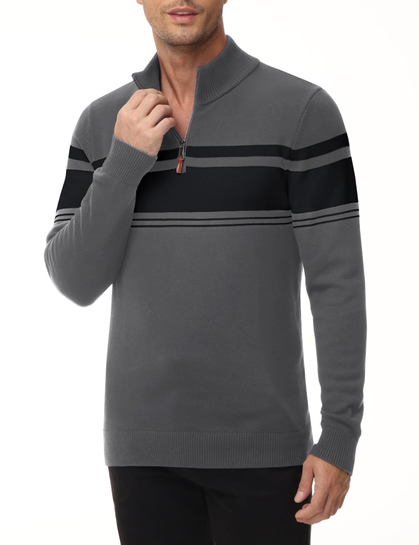 MAGNIVIT Men's Sweater Quarter Zip Striped Pullover Fall Winter Spring Color Block Polo Sweatshirts