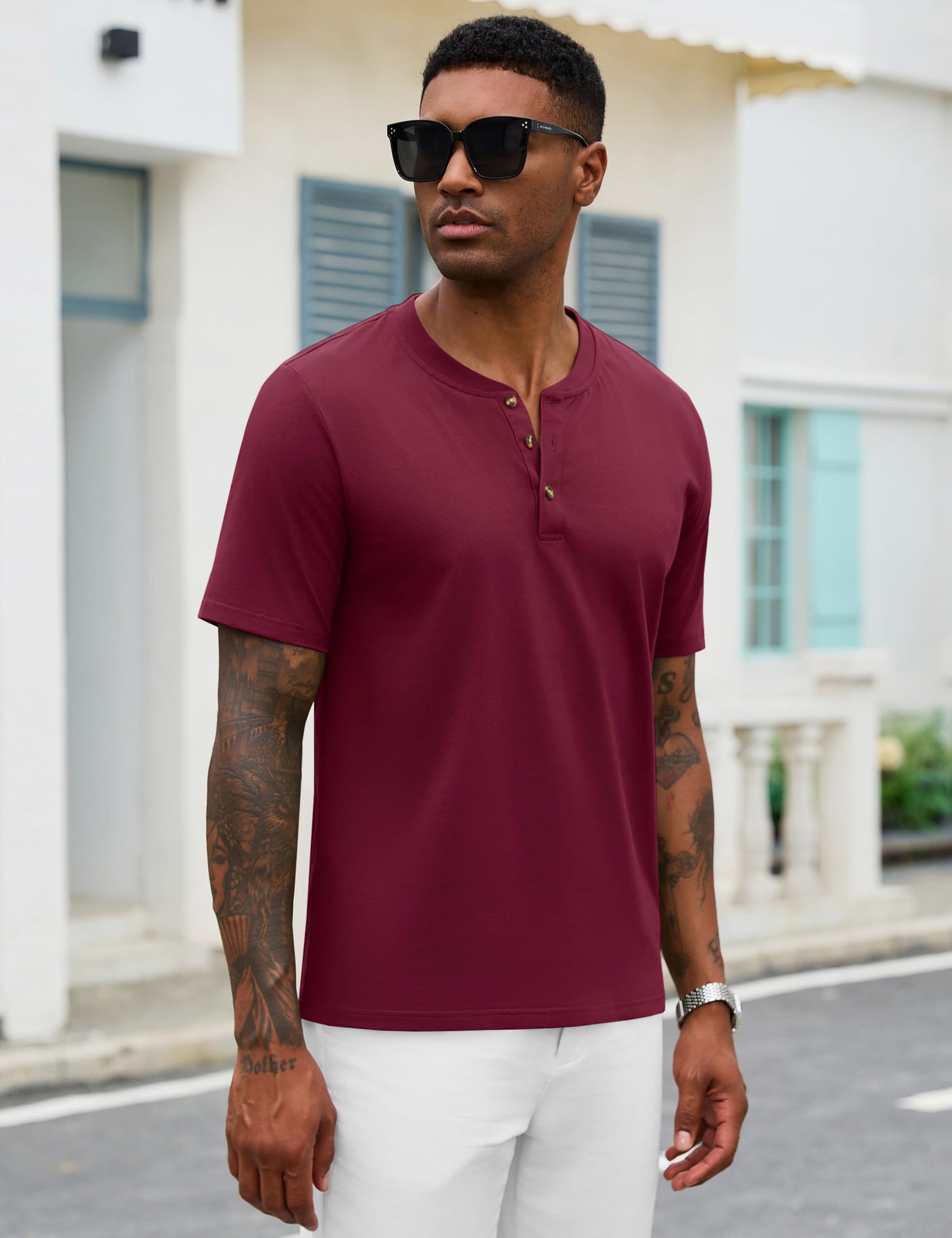 MAGNIVIT Mens Henley Shirts Short Sleeve Cotton Casual Summer Basic T-Shirts 3 Button Solid Collarless Shirts for Work