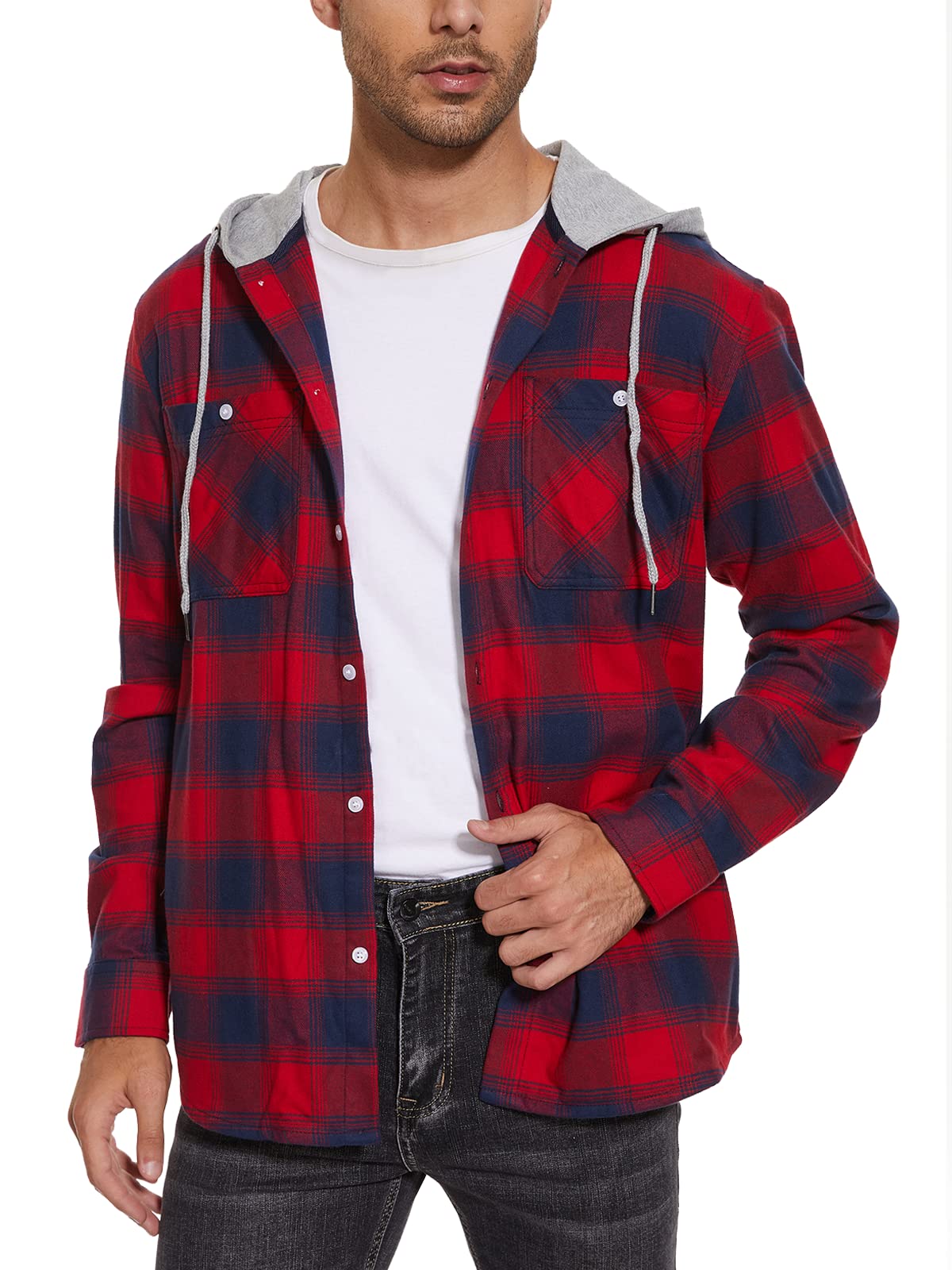 MAGNIVIT Mens Classic Plaid Long Sleeve Hooded Shirts Multi Pockets Thin Cotton Light Jacket Relaxed Fit Casual Outwear