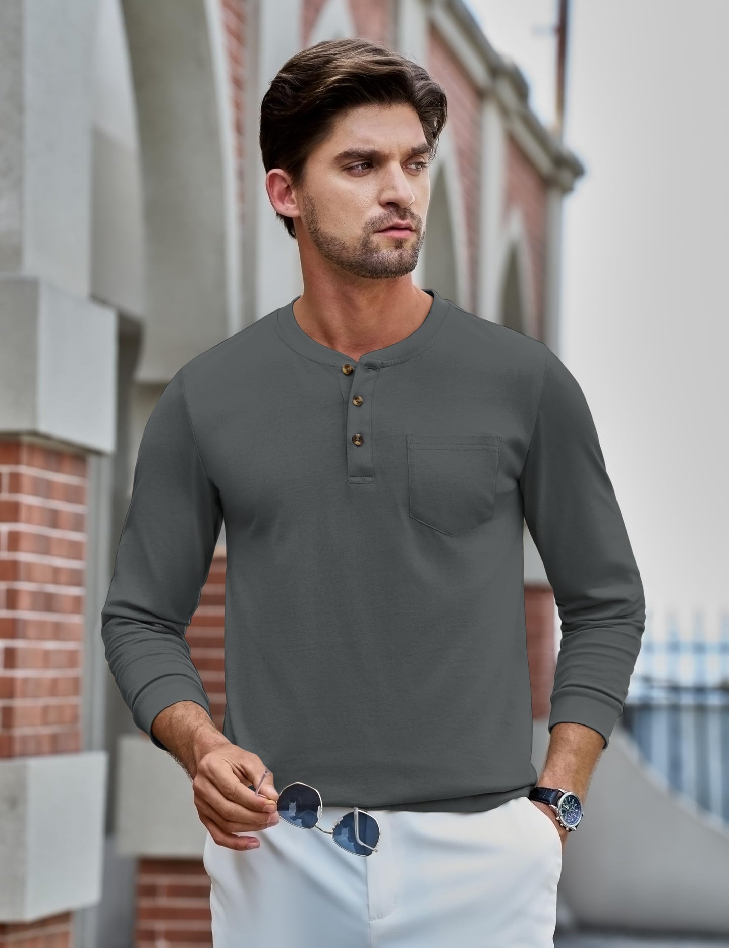 MAGNIVIT Mens Henley Shirts Long Sleeve with Pocket Fall Cotton Casual T-Shirts Plain Moisture Wicking Tee with 3 Button