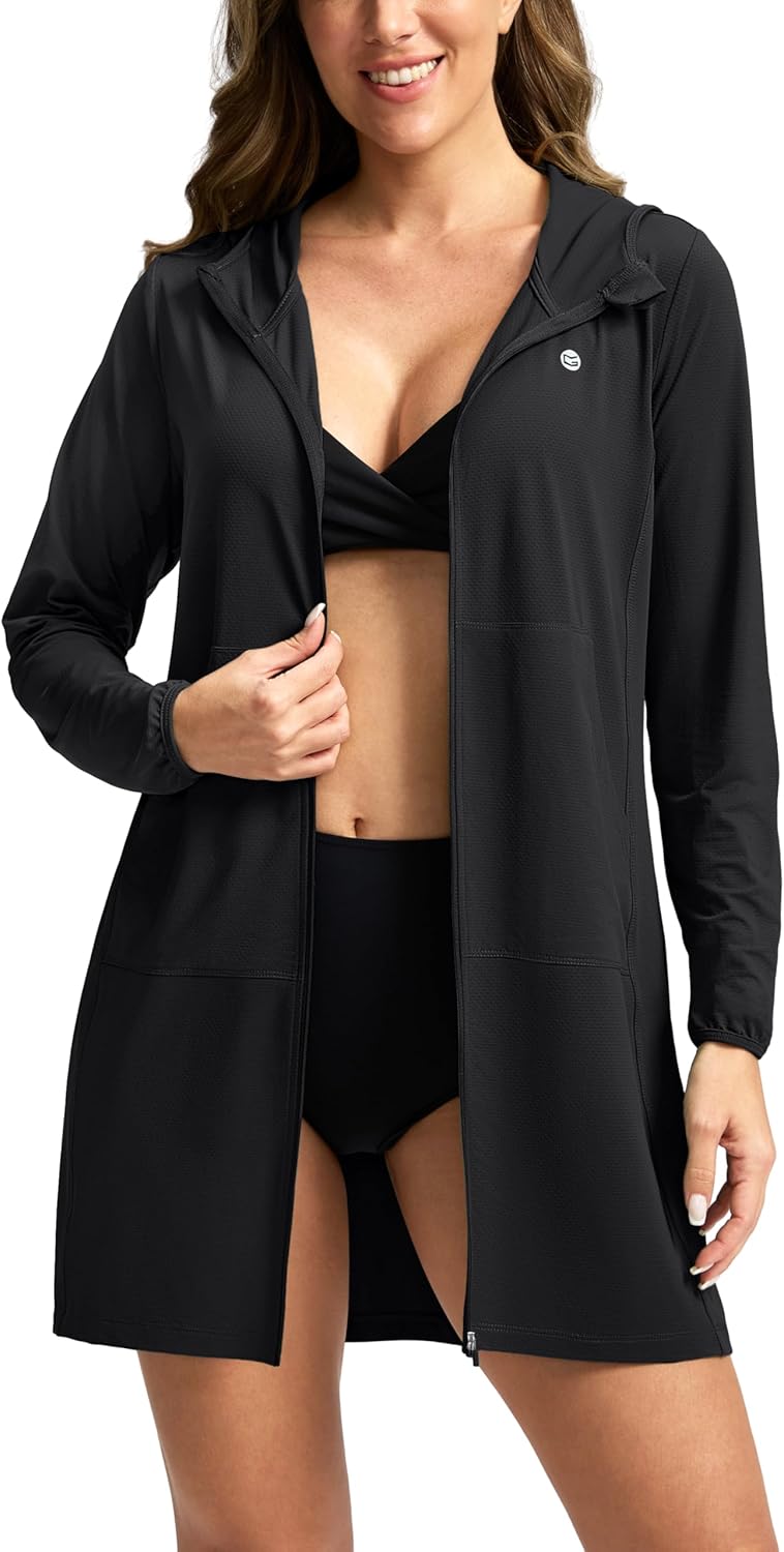 Women's UPF 50+ Swim Cover Up Sun Protection Hoodie Long Jacket SPF Lightweight Beach Cover Ups for Women
