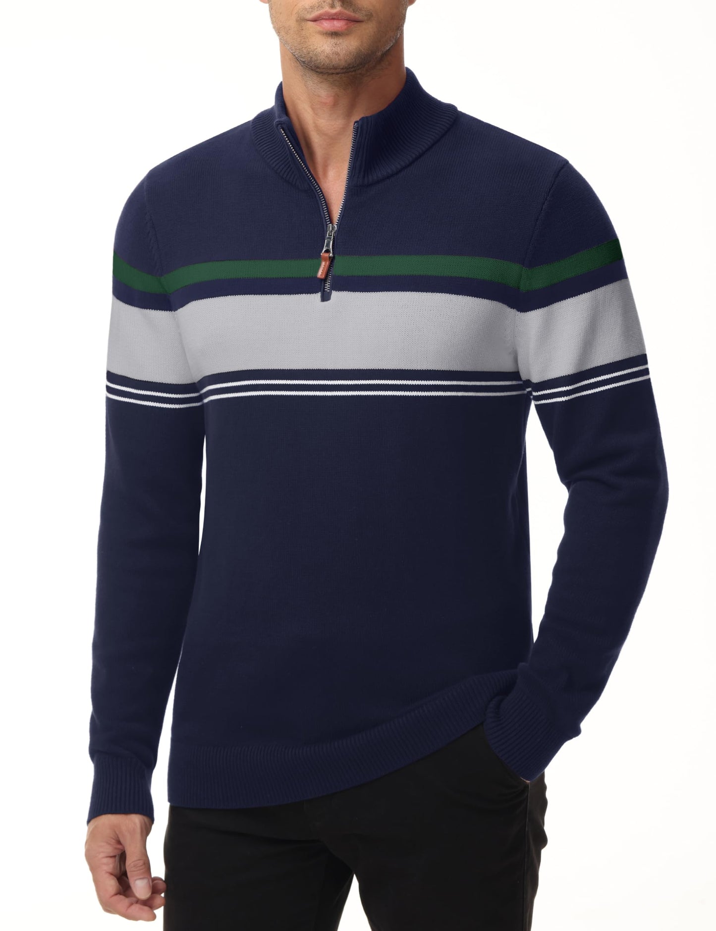 MAGNIVIT Men's Sweater Quarter Zip Striped Pullover Fall Winter Spring Color Block Polo Sweatshirts
