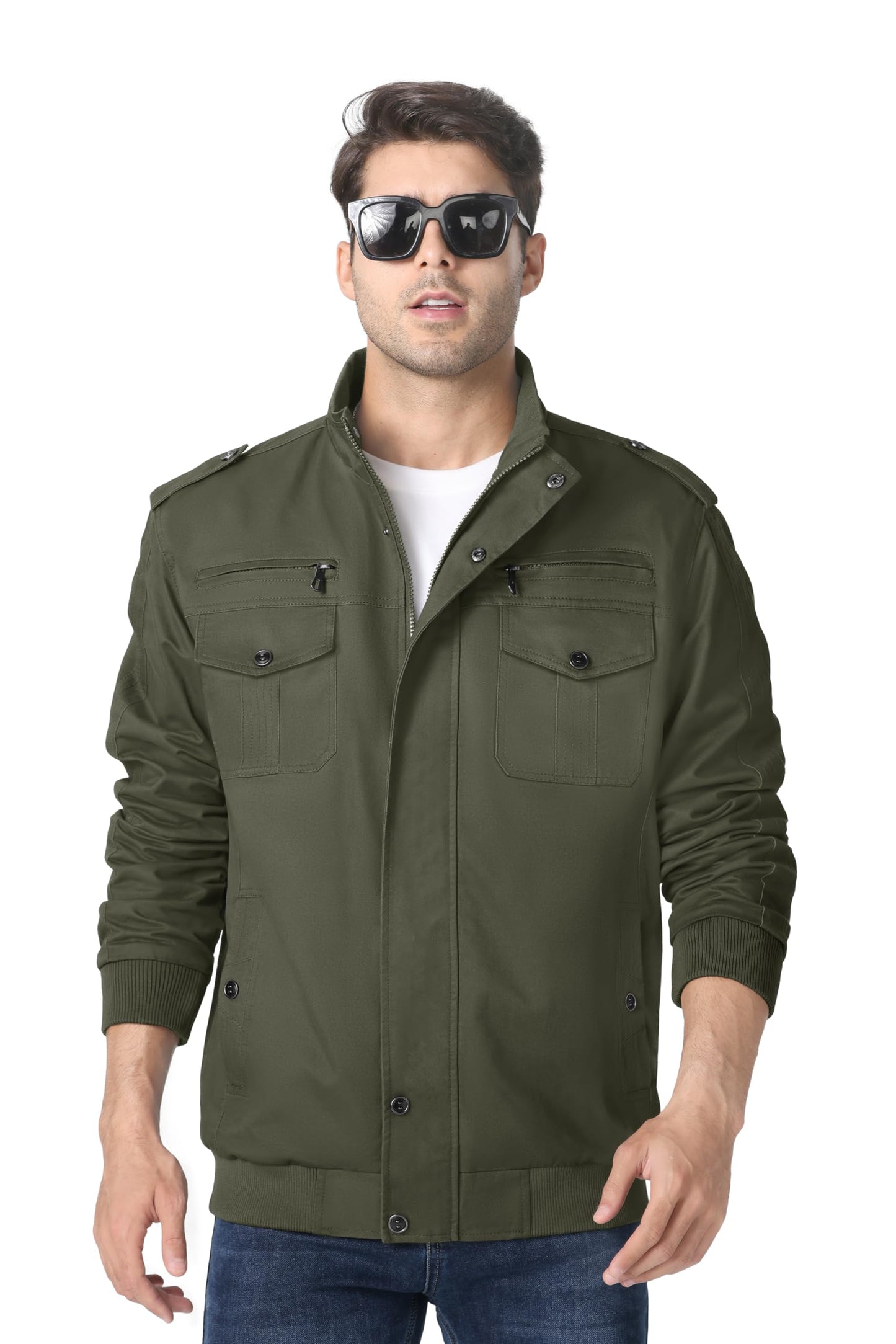 MAGNIVIT Men's Military Lightweight Army Windbreaker Cargo Jacket With Stand Collar, Zip Front, 7 Pockets - Cotton