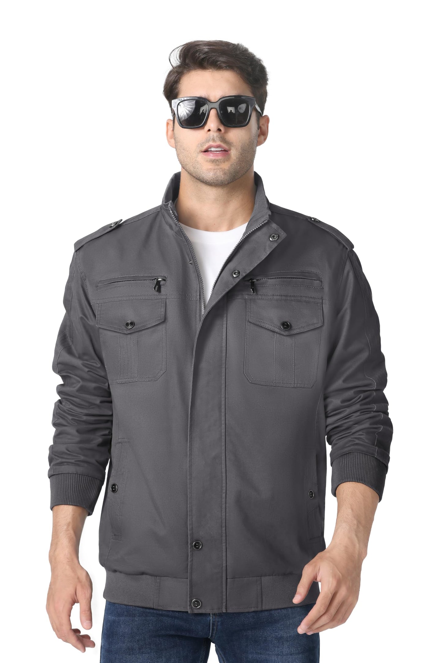 MAGNIVIT Men's Military Lightweight Army Windbreaker Cargo Jacket With Stand Collar, Zip Front, 7 Pockets - Cotton