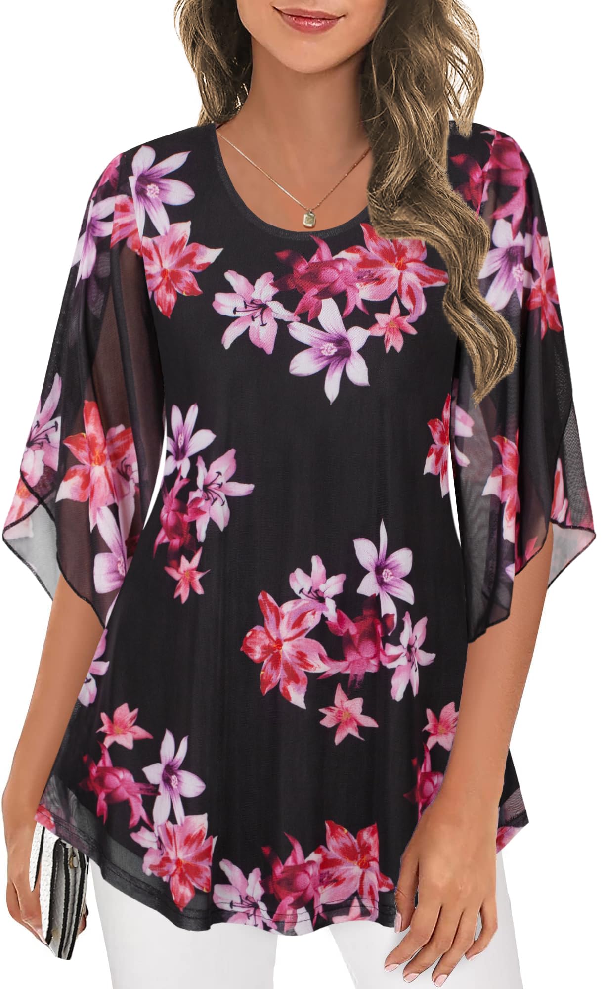 Ninedaily Women's Tops 3/4 Sleeve Blouses Dressy Casual Double Layers Mesh Tunic Shirts