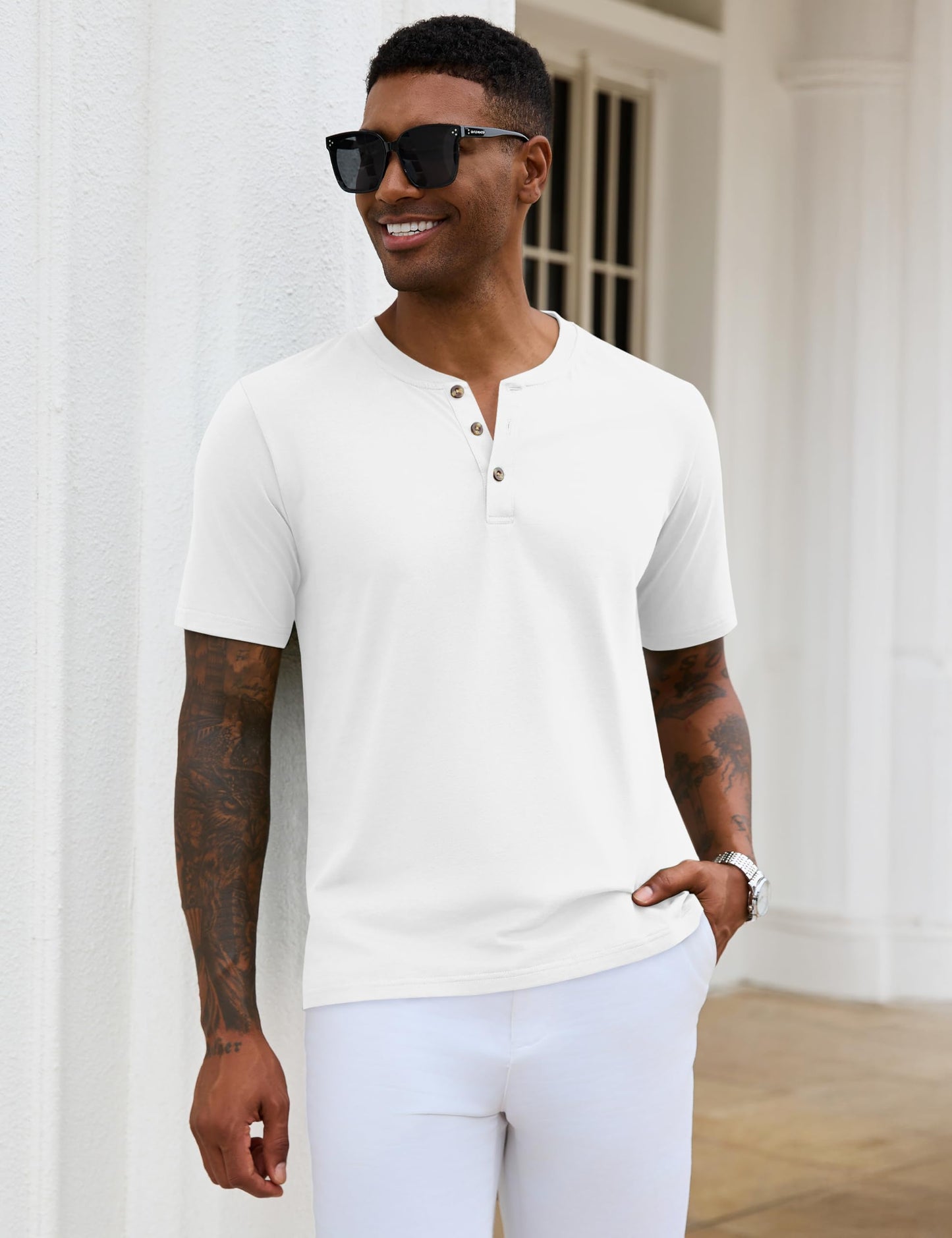 MAGNIVIT Mens Henley Shirts Short Sleeve Cotton Casual Summer Basic T-Shirts 3 Button Solid Collarless Shirts for Work