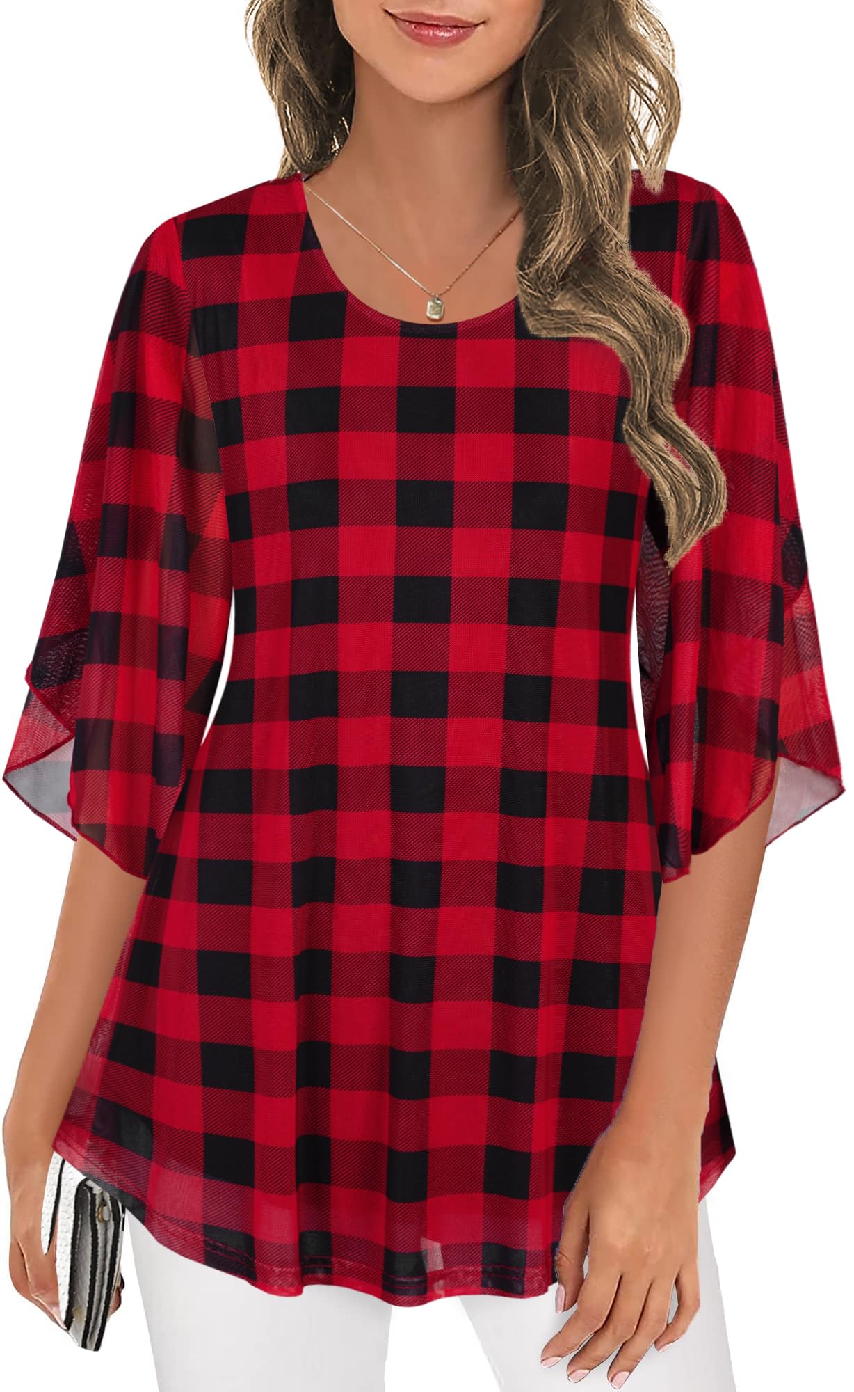 Ninedaily Women's Tops 3/4 Sleeve Blouses Dressy Casual Double Layers Mesh Tunic Shirts