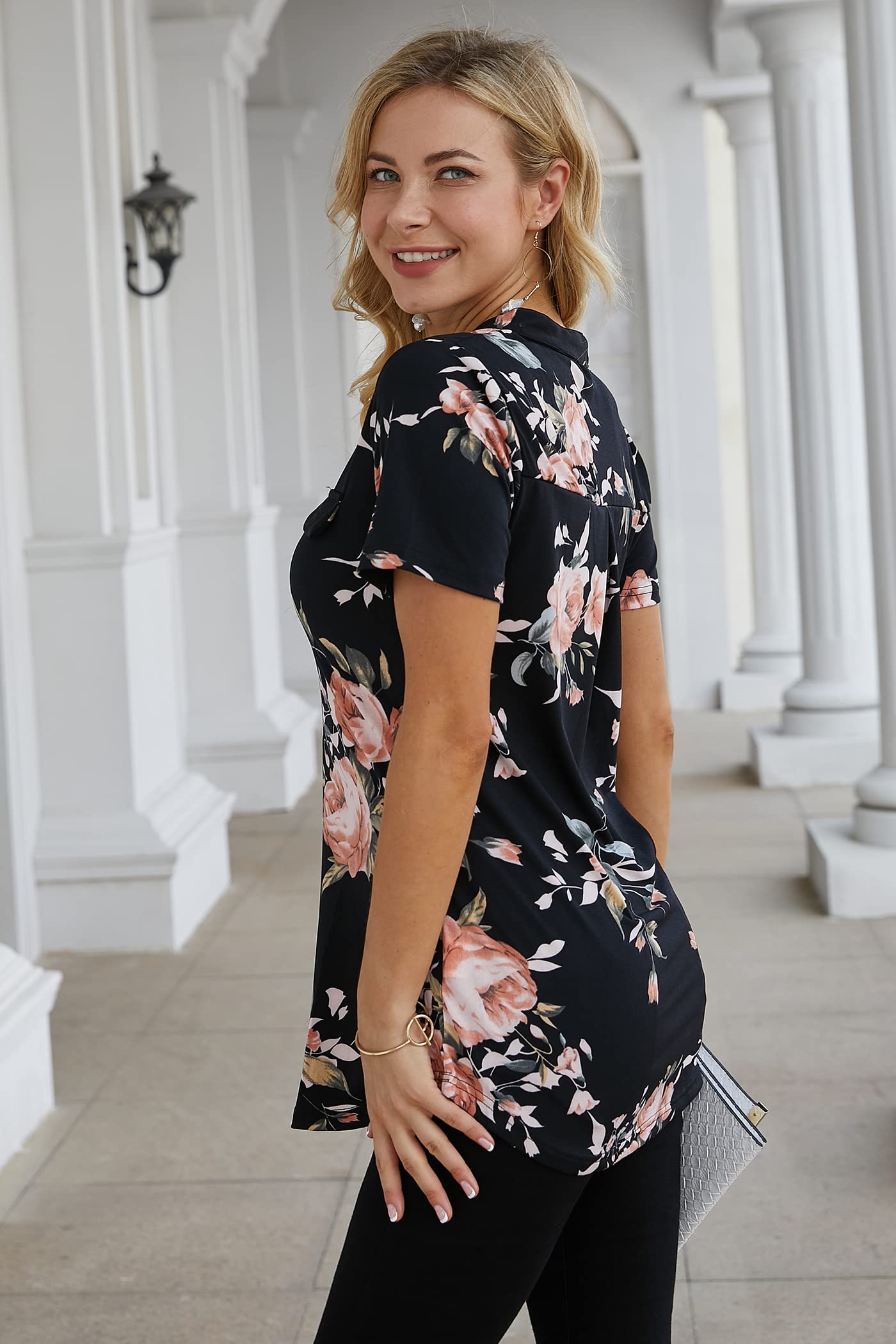 Ninedaily Women's Summer Tops Short Sleeve Casual Blouse Zip Floral Tunic Shirts