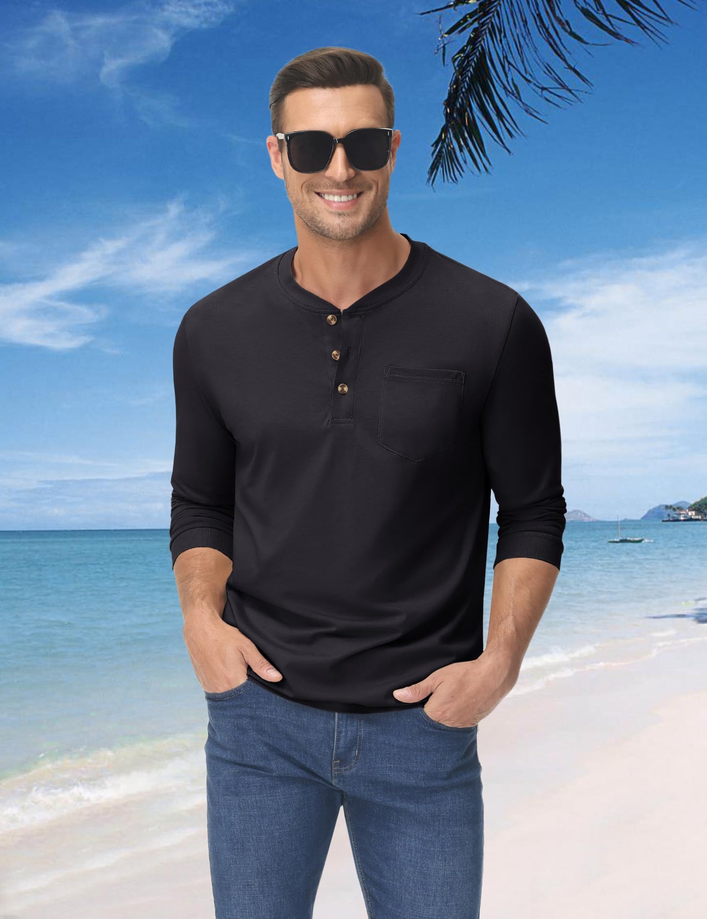 MAGNIVIT Mens Henley Shirts Long Sleeve with Pocket Fall Cotton Casual T-Shirts Plain Moisture Wicking Tee with 3 Button