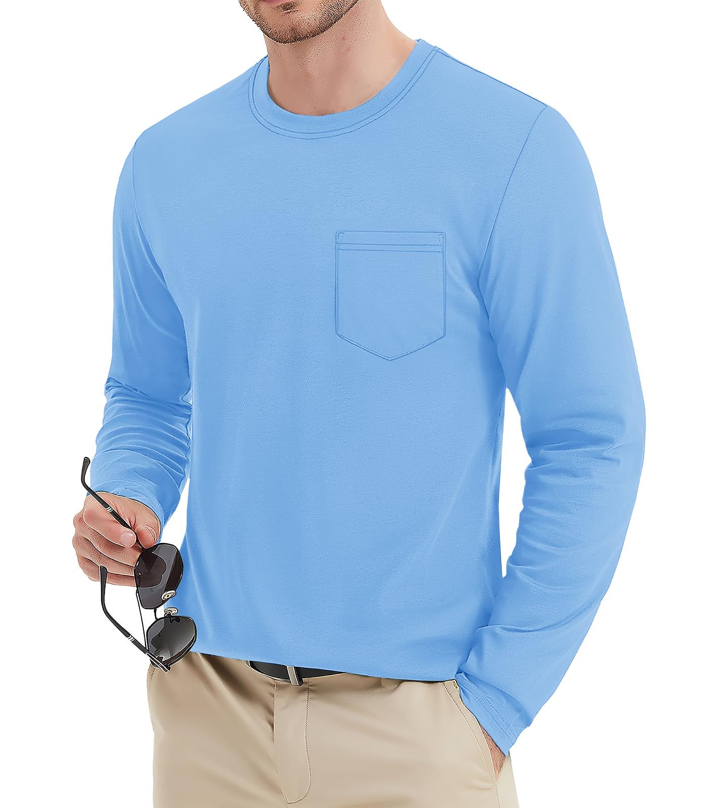 MAGNIVIT Men's Long Sleeve Cotton Shirts with Pocket Crew Neck Casual Shirt Regular Fit Solid Top Spring Fashion 2025