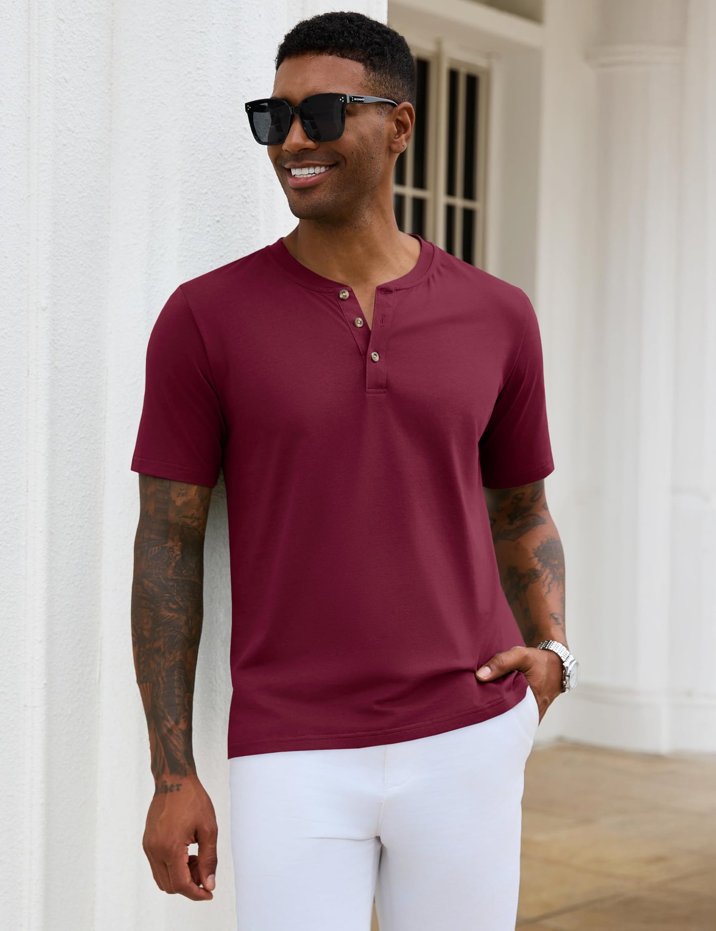 MAGNIVIT Mens Henley Shirts Short Sleeve Cotton Casual Summer Basic T-Shirts 3 Button Solid Collarless Shirts for Work