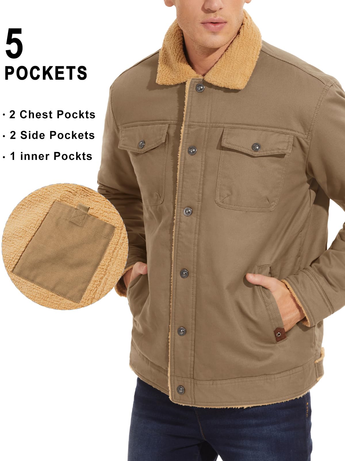 MAGNIVIT Men's Cotton Cargo Jacket Winter Sherpa Fleece Lined Work Jacket Coats with 5 Pockets