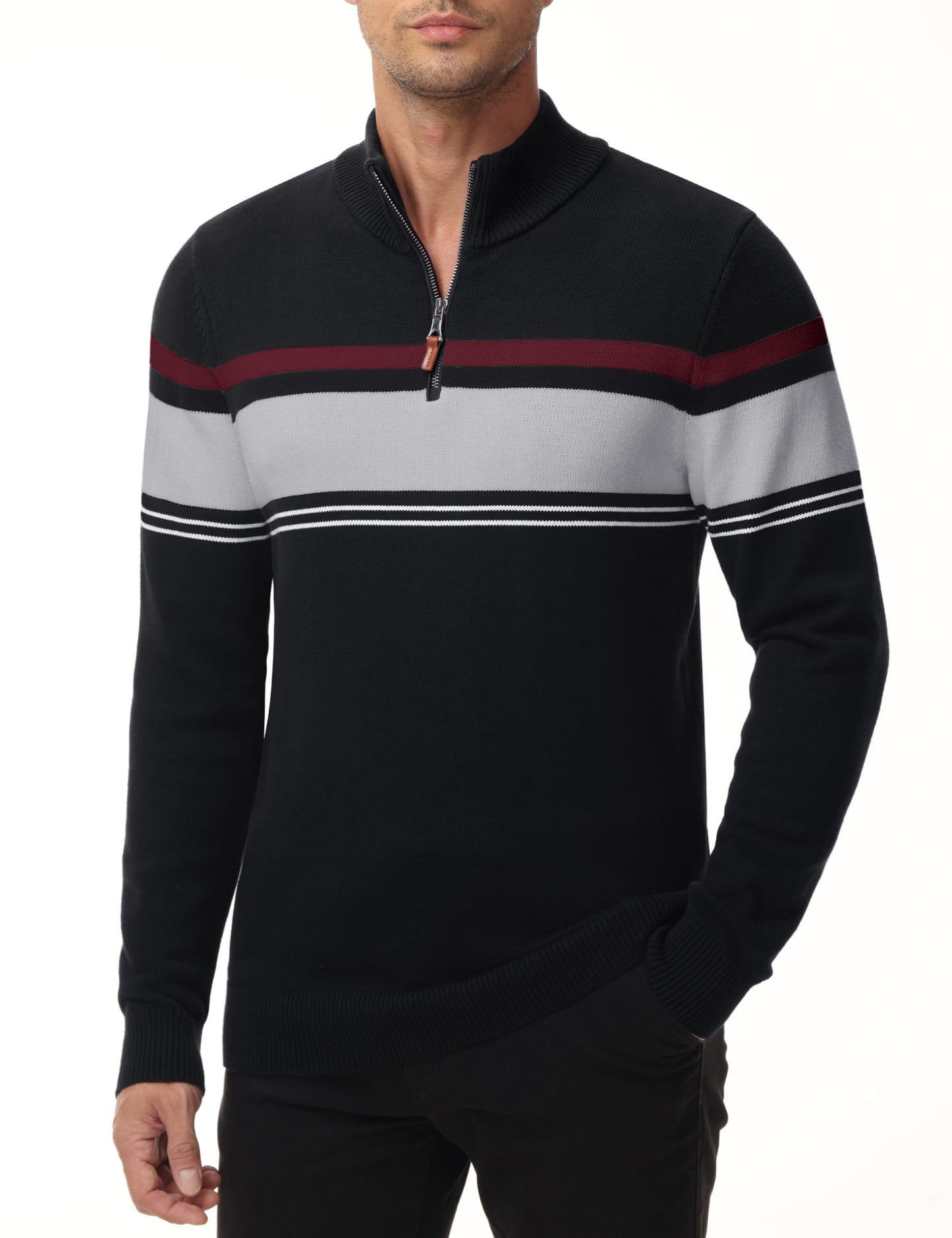 MAGNIVIT Men's Sweater Quarter Zip Striped Pullover Fall Winter Spring Color Block Polo Sweatshirts