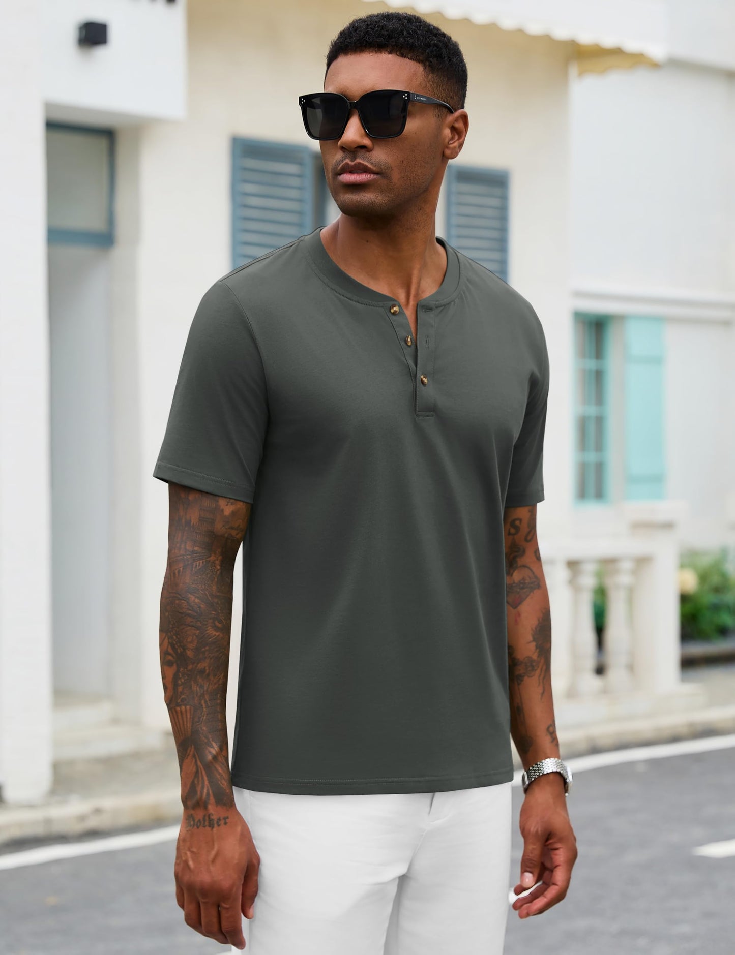 MAGNIVIT Mens Henley Shirts Short Sleeve Cotton Casual Summer Basic T-Shirts 3 Button Solid Collarless Shirts for Work
