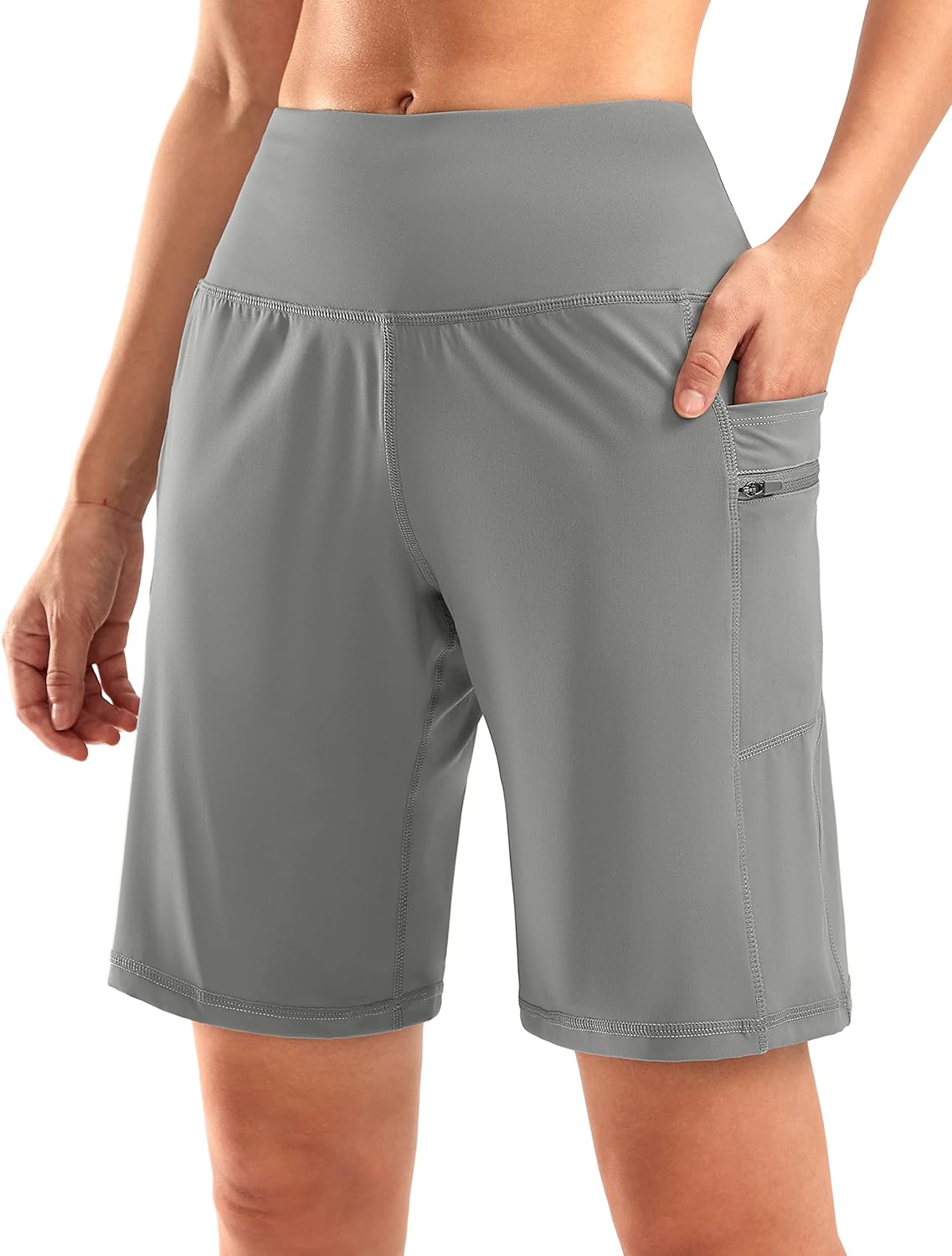 G Gradual Women's High Waisted 9" Bermuda Shorts with Zipper Pockets Athletic Workout Long Shorts for Women Knee Length
