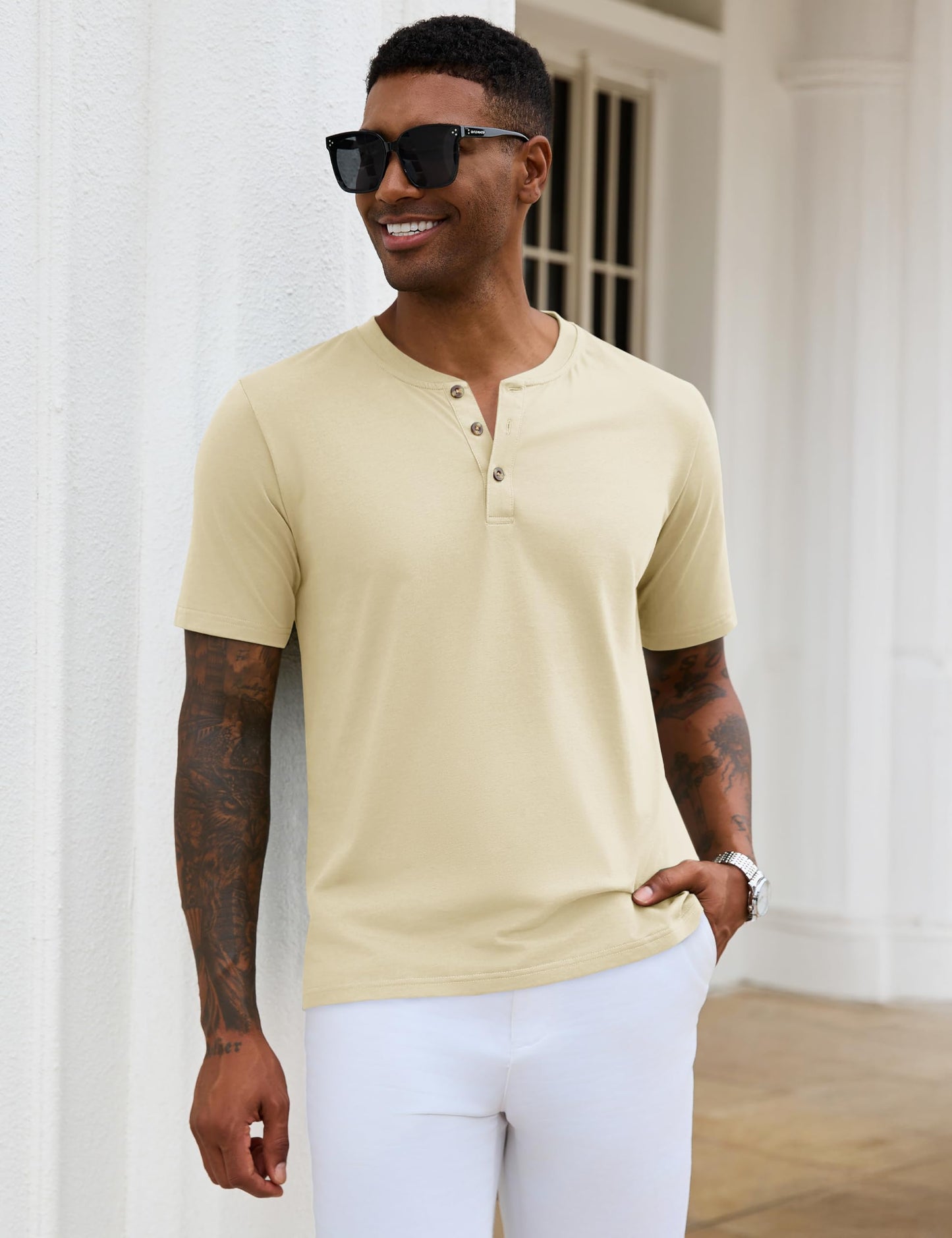 MAGNIVIT Mens Henley Shirts Short Sleeve Cotton Casual Summer Basic T-Shirts 3 Button Solid Collarless Shirts for Work