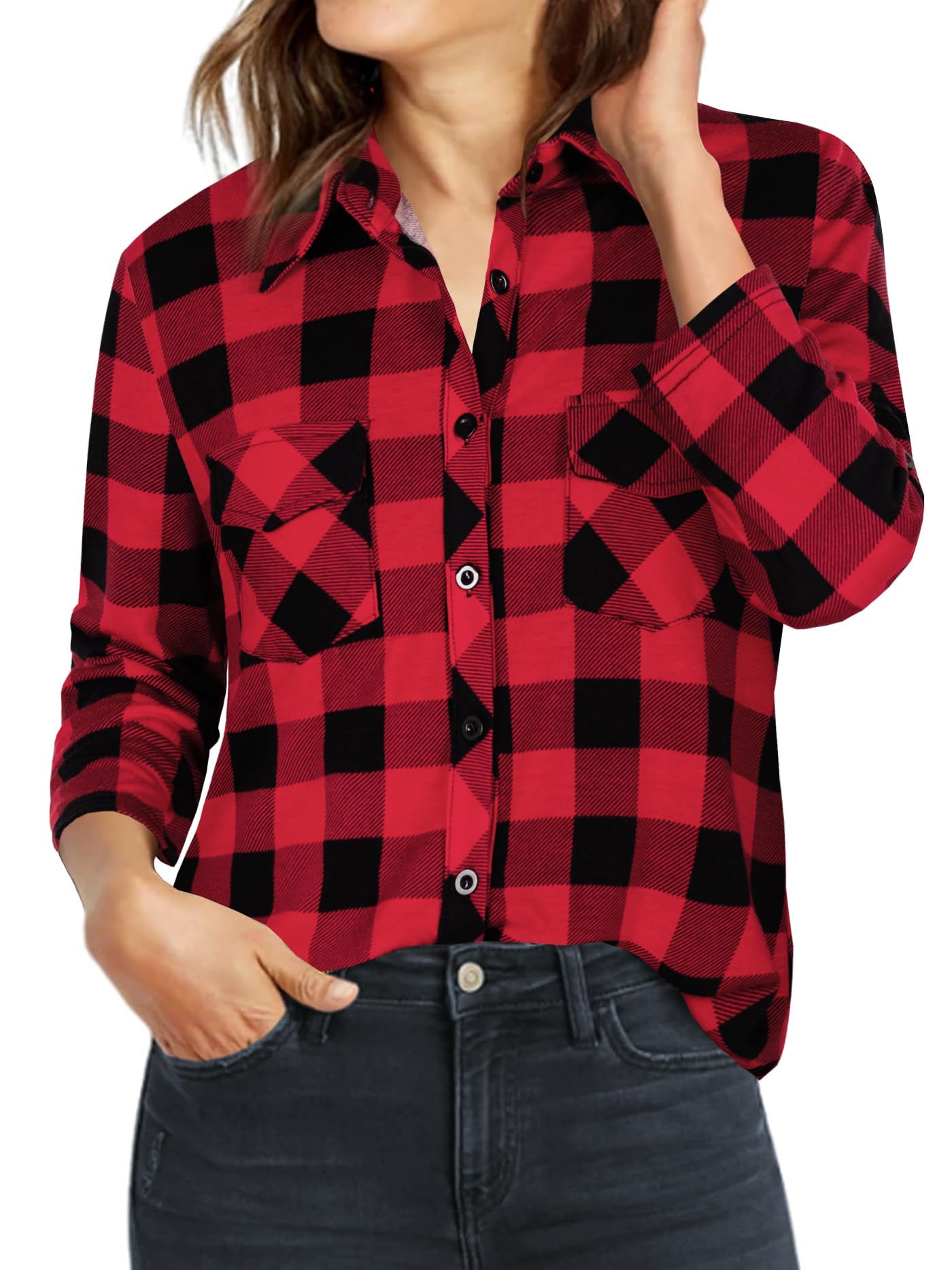 Ninedaily Women's Plaid Shirt Collared Button Down Blouse 3/4 Sleeve Tunic Tops