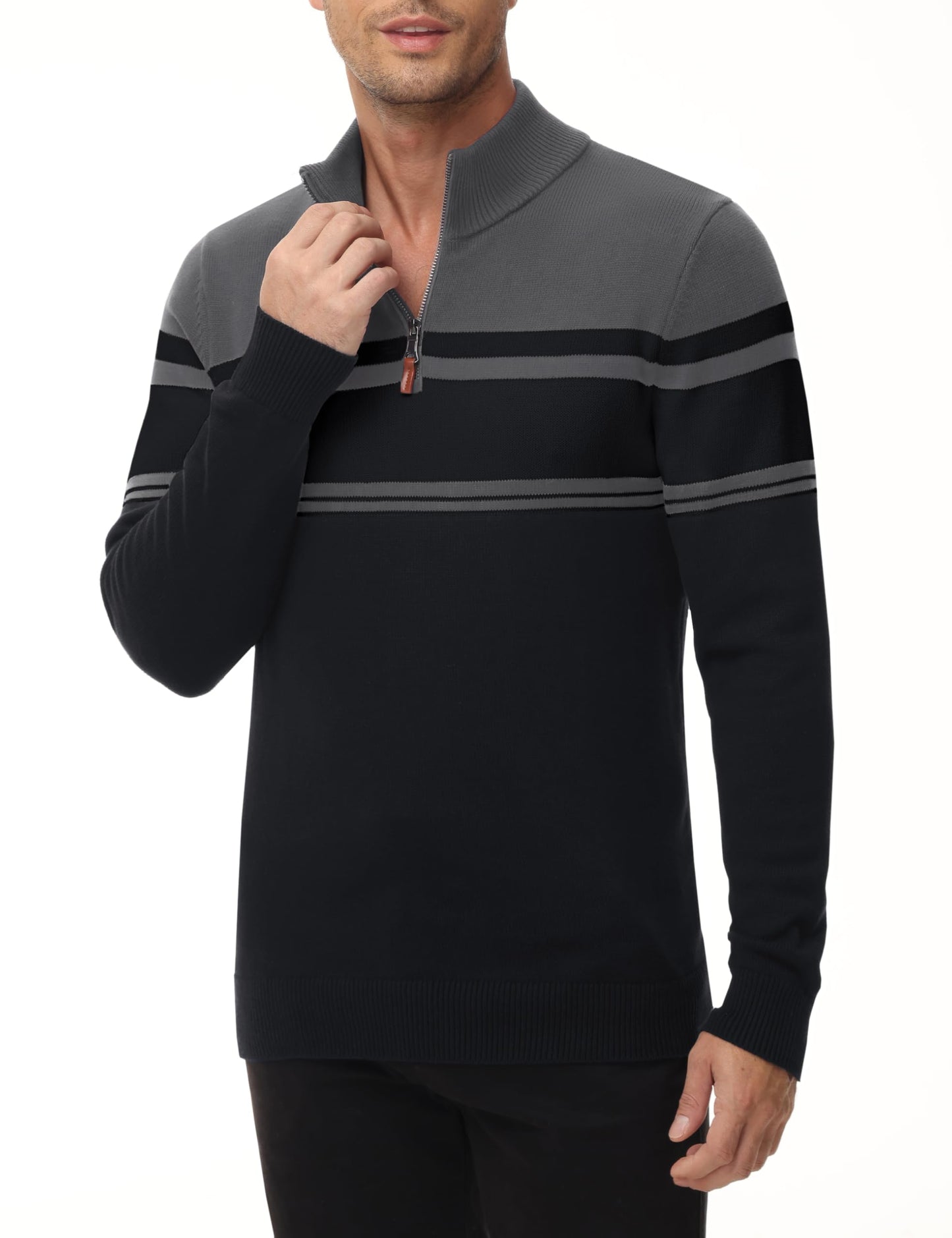 MAGNIVIT Men's Sweater Quarter Zip Striped Pullover Fall Winter Spring Color Block Polo Sweatshirts