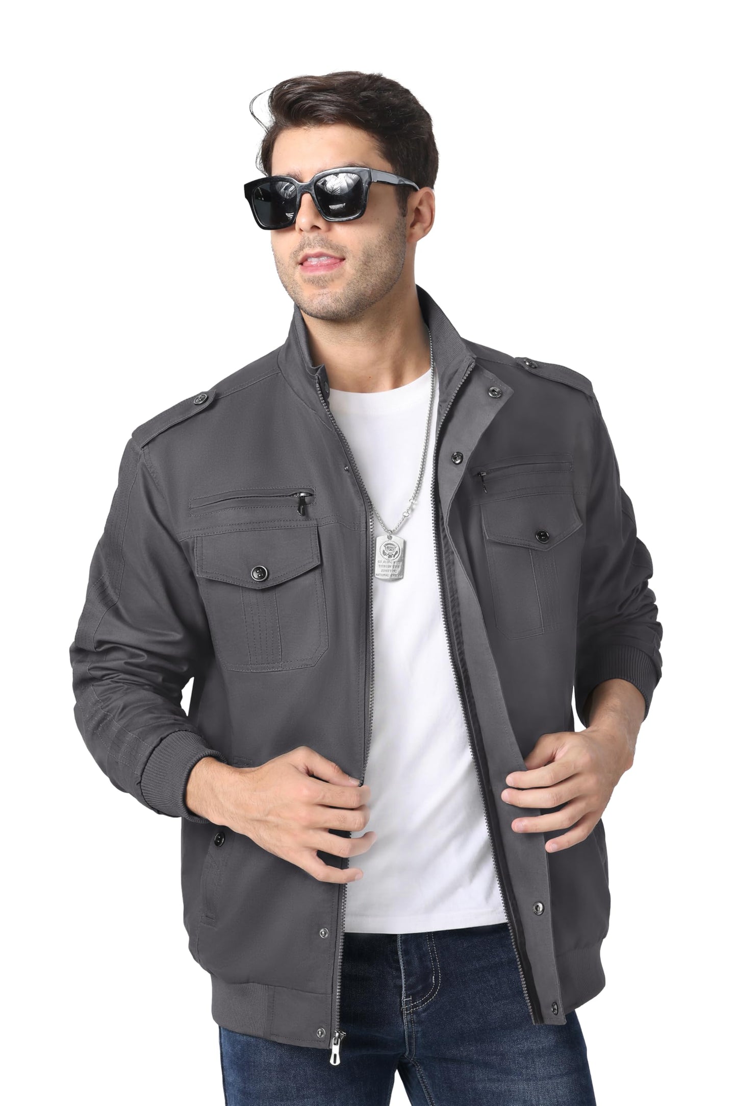 MAGNIVIT Men's Military Lightweight Army Windbreaker Cargo Jacket With Stand Collar, Zip Front, 7 Pockets - Cotton