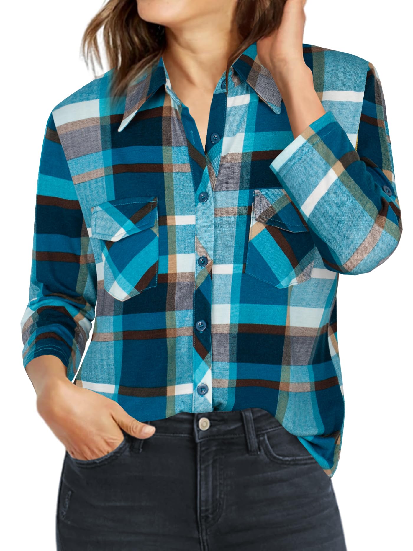 Ninedaily Women's Plaid Shirt Collared Button Down Blouse 3/4 Sleeve Tunic Tops