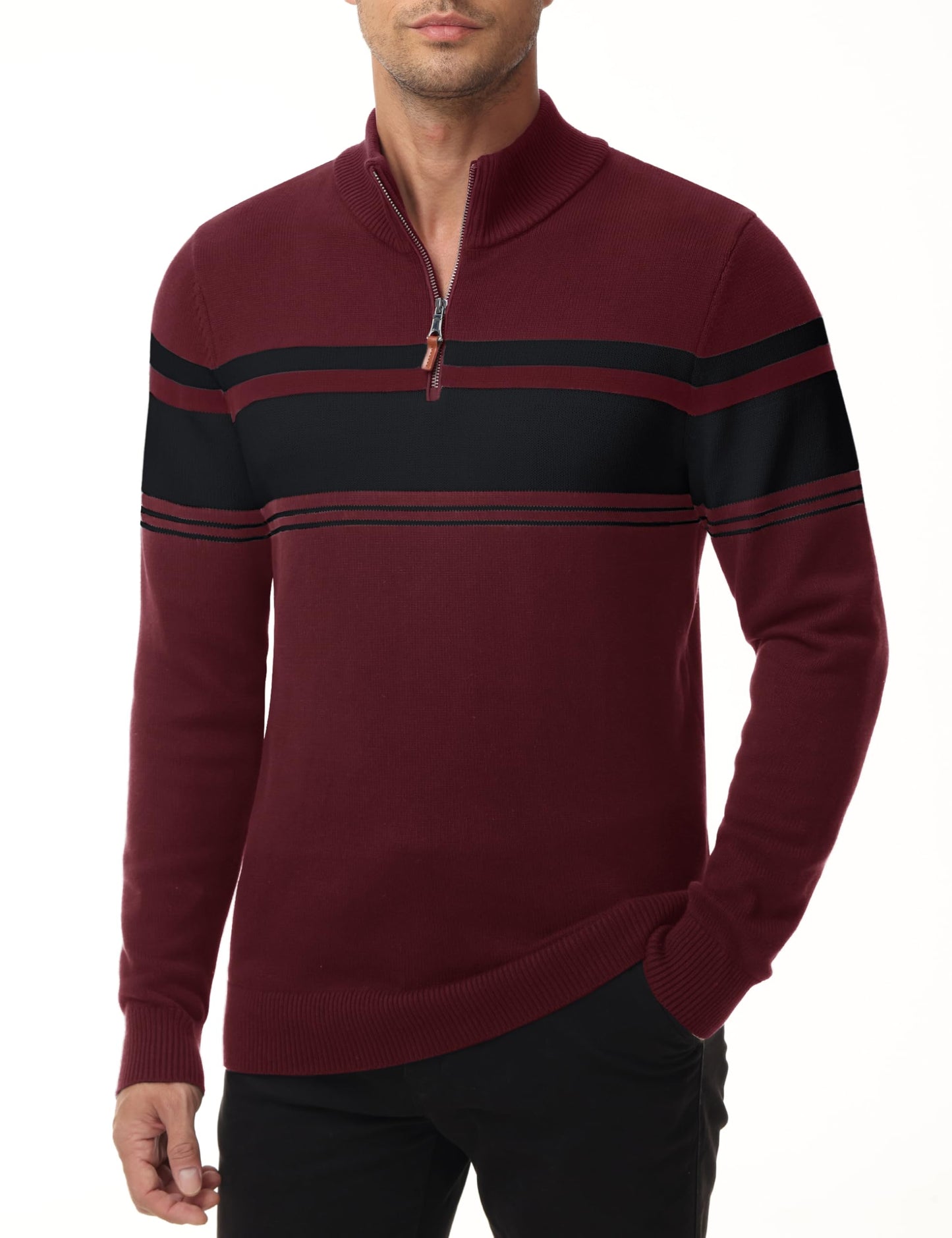 MAGNIVIT Men's Sweater Quarter Zip Striped Pullover Fall Winter Spring Color Block Polo Sweatshirts