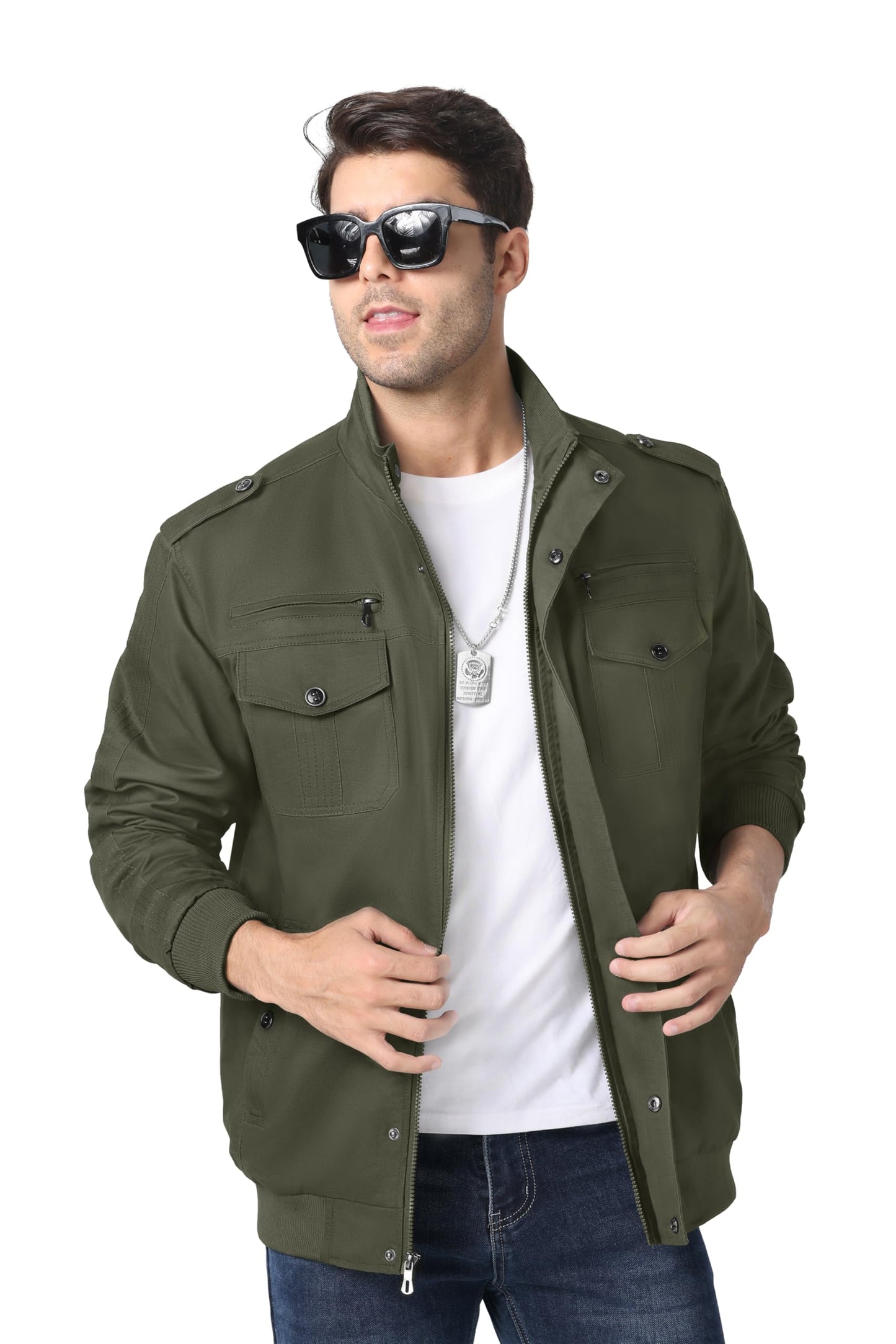MAGNIVIT Men's Military Lightweight Army Windbreaker Cargo Jacket With Stand Collar, Zip Front, 7 Pockets - Cotton