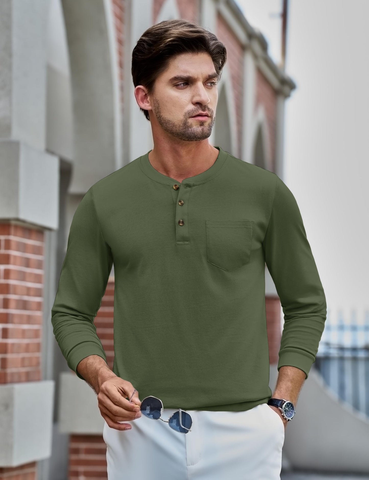 MAGNIVIT Mens Henley Shirts Long Sleeve with Pocket Fall Cotton Casual T-Shirts Plain Moisture Wicking Tee with 3 Button