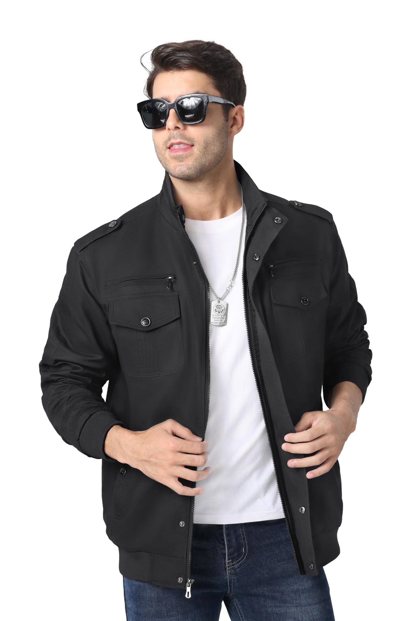 MAGNIVIT Men's Military Lightweight Army Windbreaker Cargo Jacket With Stand Collar, Zip Front, 7 Pockets - Cotton