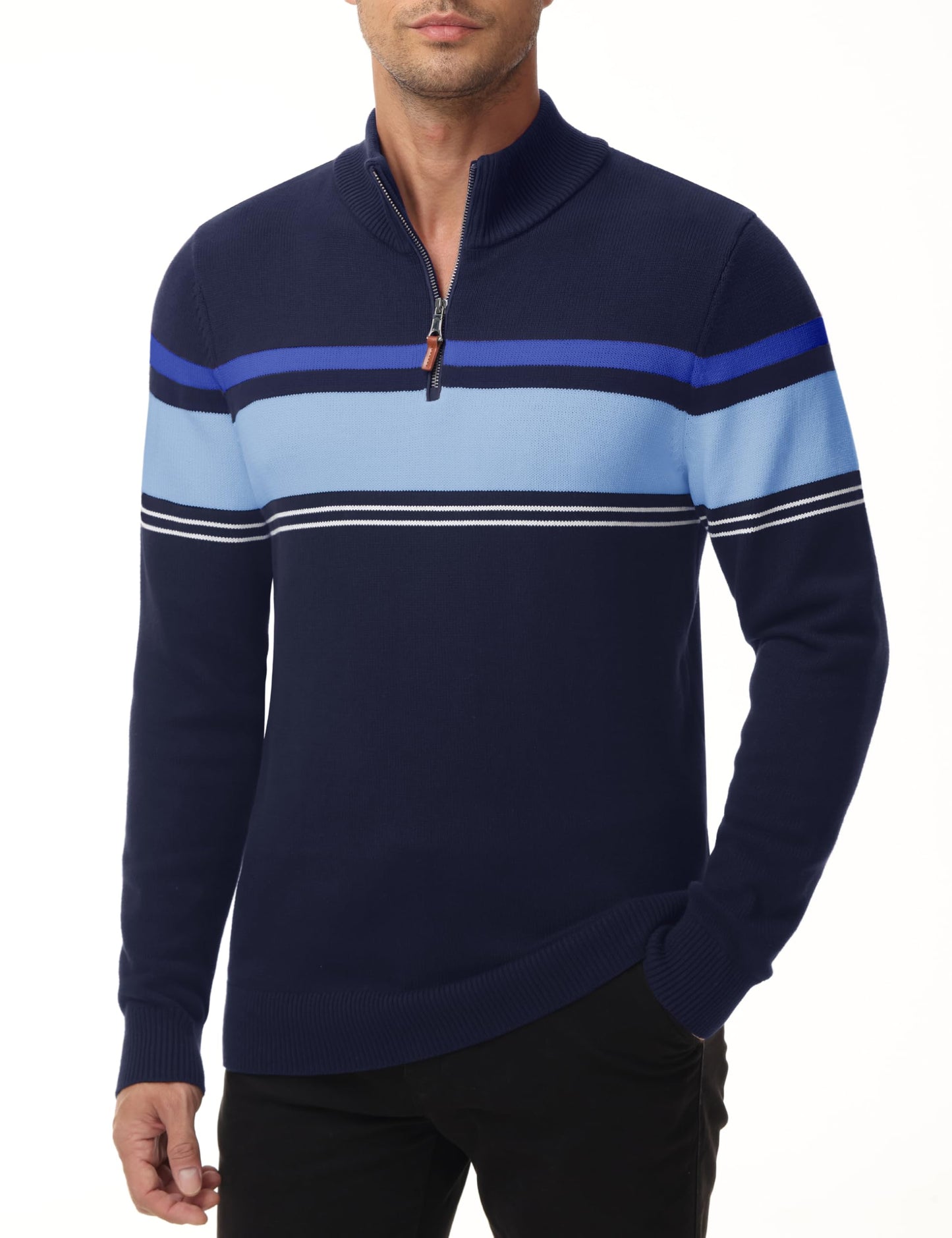 MAGNIVIT Men's Sweater Quarter Zip Striped Pullover Fall Winter Spring Color Block Polo Sweatshirts