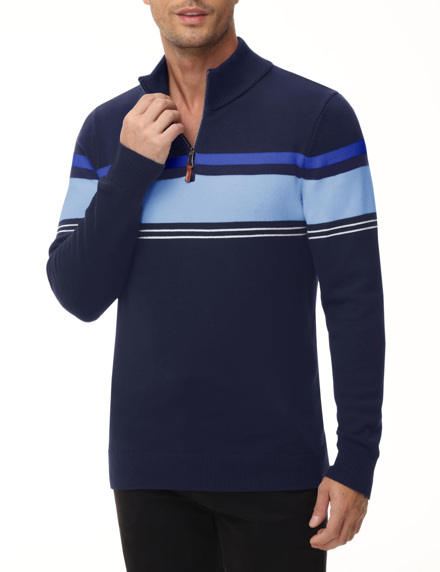 MAGNIVIT Men's Sweater Quarter Zip Striped Pullover Fall Winter Spring Color Block Polo Sweatshirts