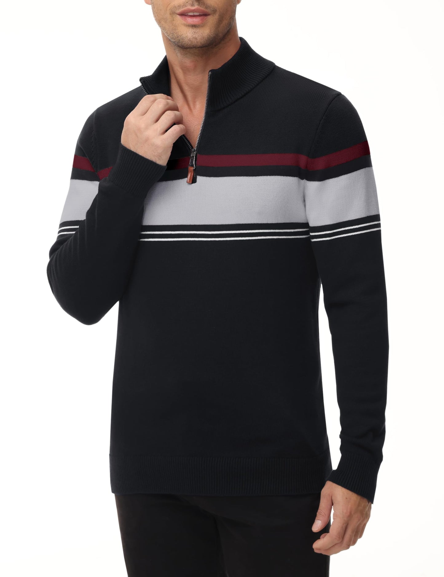MAGNIVIT Men's Sweater Quarter Zip Striped Pullover Fall Winter Spring Color Block Polo Sweatshirts