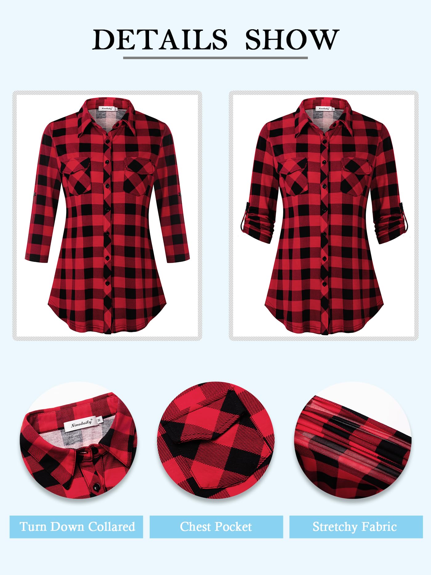 Ninedaily Women's Plaid Shirt Collared Button Down Blouse 3/4 Sleeve Tunic Tops
