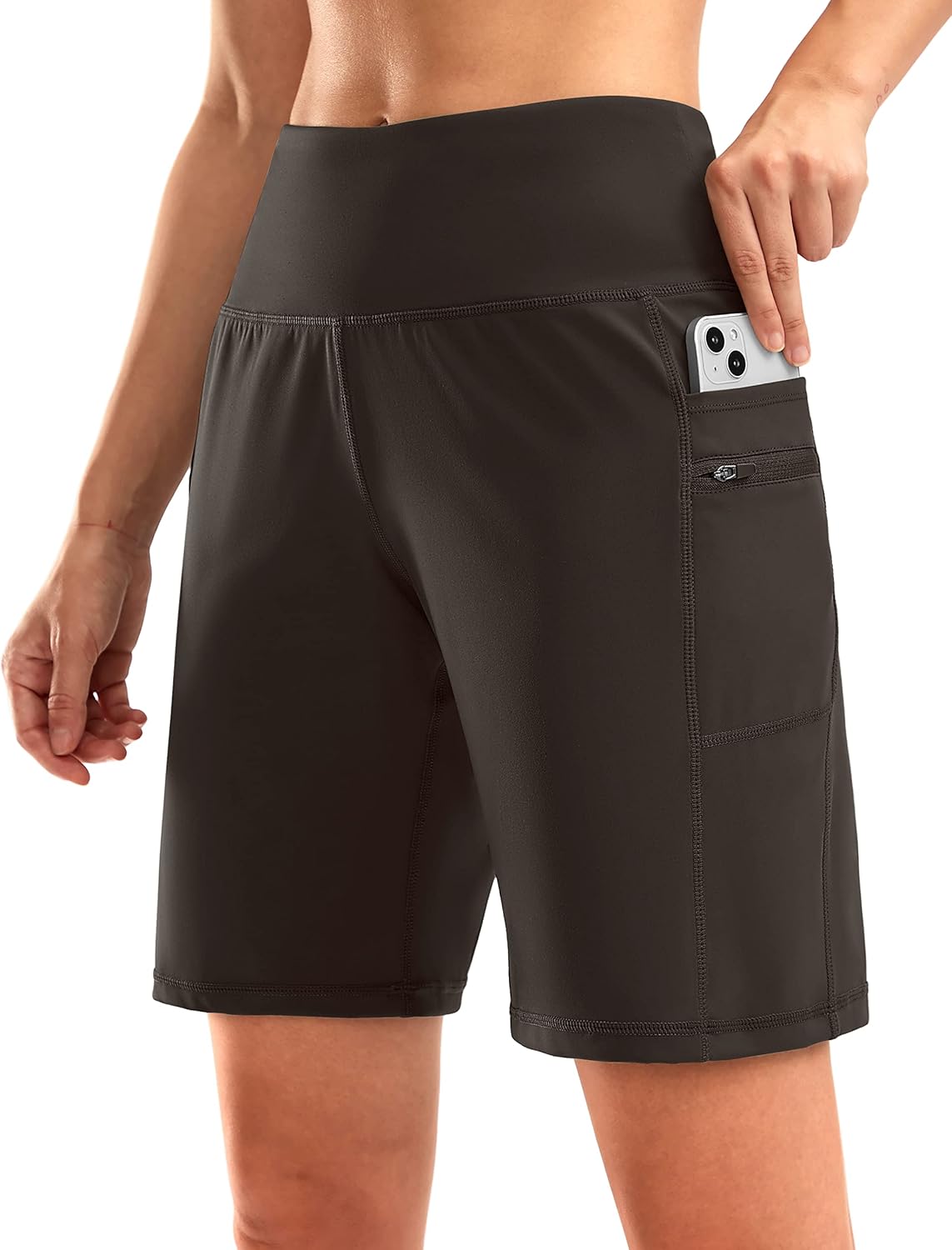 G Gradual Women's High Waisted 9" Bermuda Shorts with Zipper Pockets Athletic Workout Long Shorts for Women Knee Length