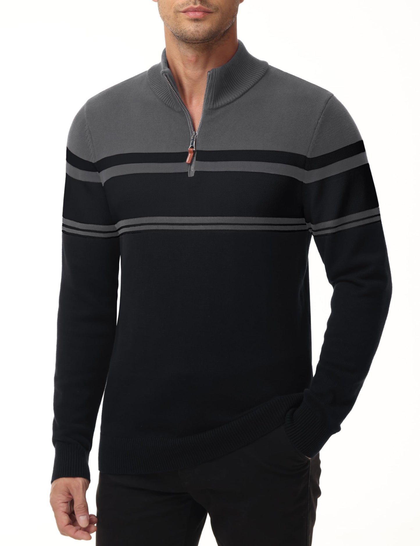 MAGNIVIT Men's Sweater Quarter Zip Striped Pullover Fall Winter Spring Color Block Polo Sweatshirts