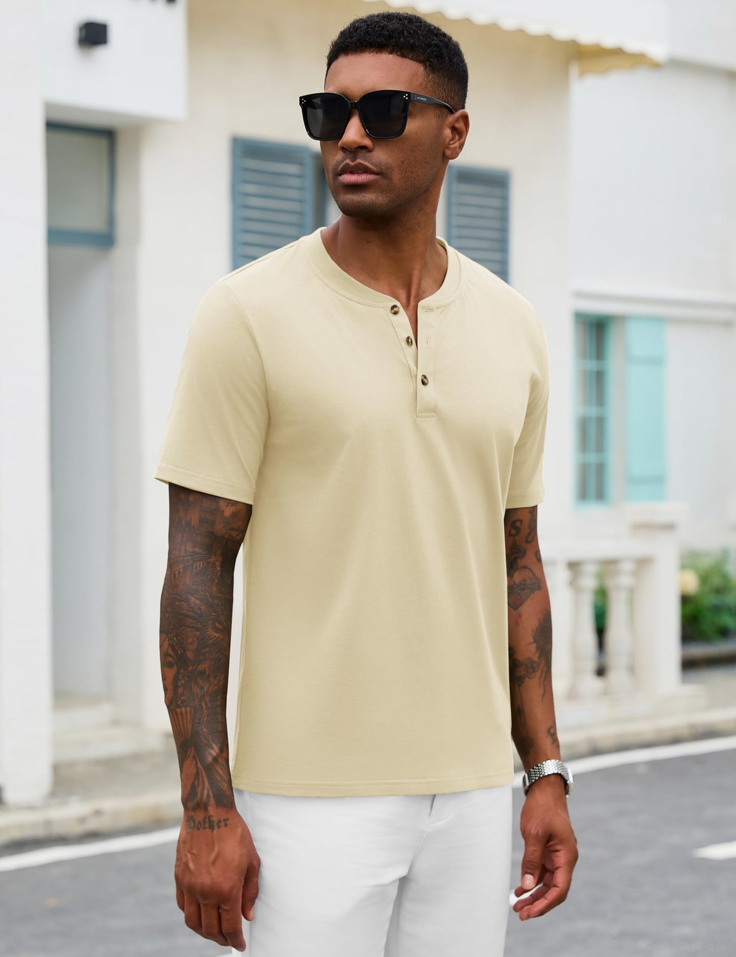 MAGNIVIT Mens Henley Shirts Short Sleeve Cotton Casual Summer Basic T-Shirts 3 Button Solid Collarless Shirts for Work