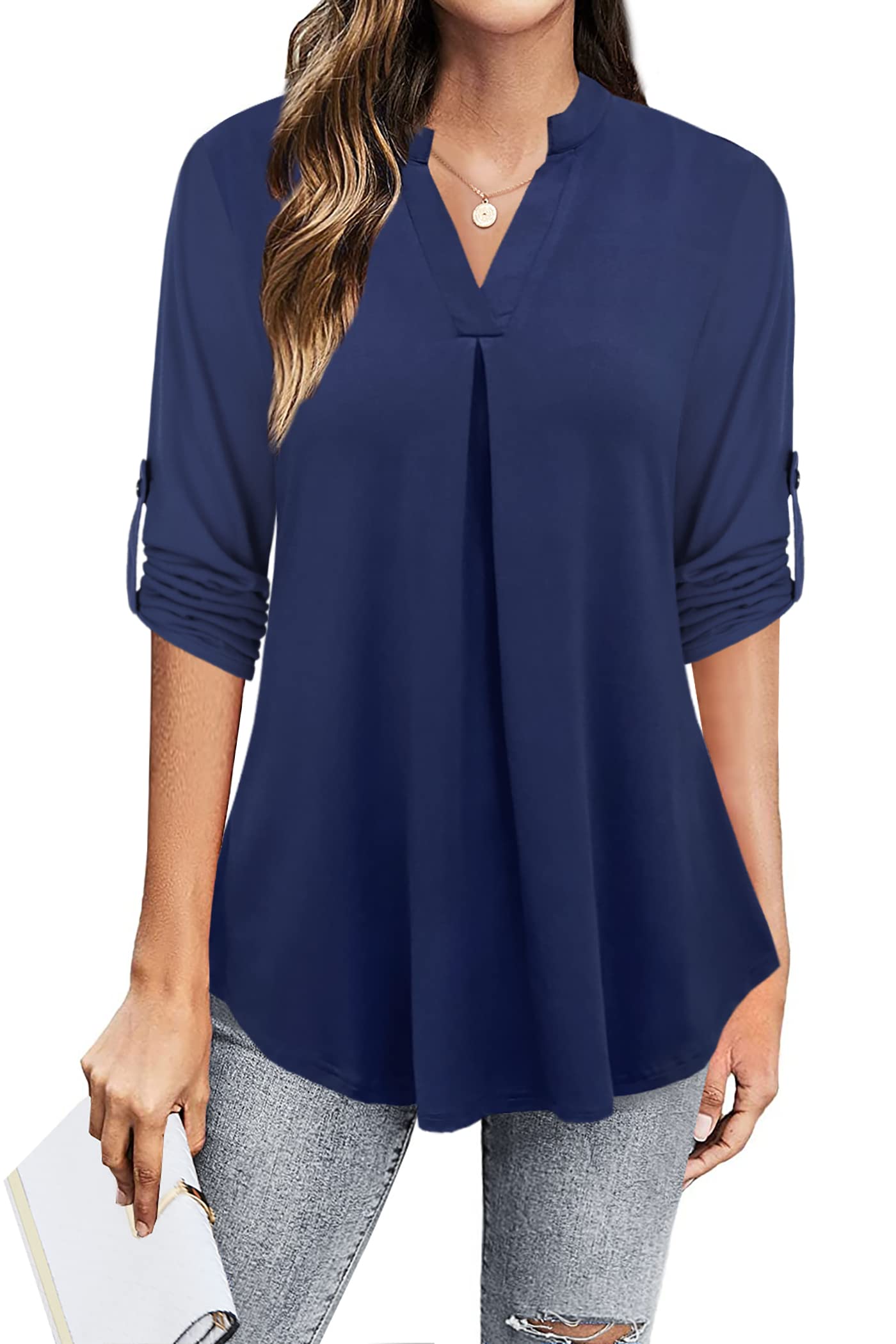 Ninedaily Womens Tops Dressy Casual 3/4 Sleeve V Neck Chiffon Shirt Work Blouses