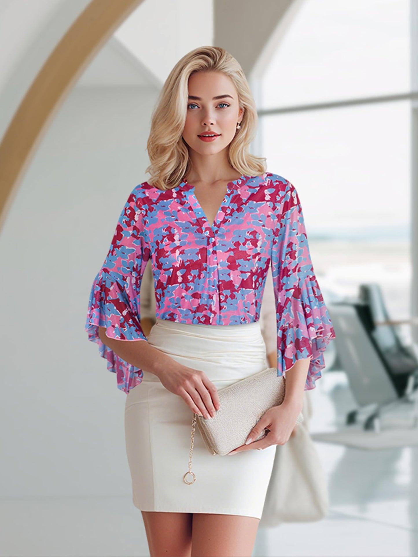 Ninedaily Womens Tops 3/4 Sleeve Dressy Casual Blouses Double Layers V Neck Shirt