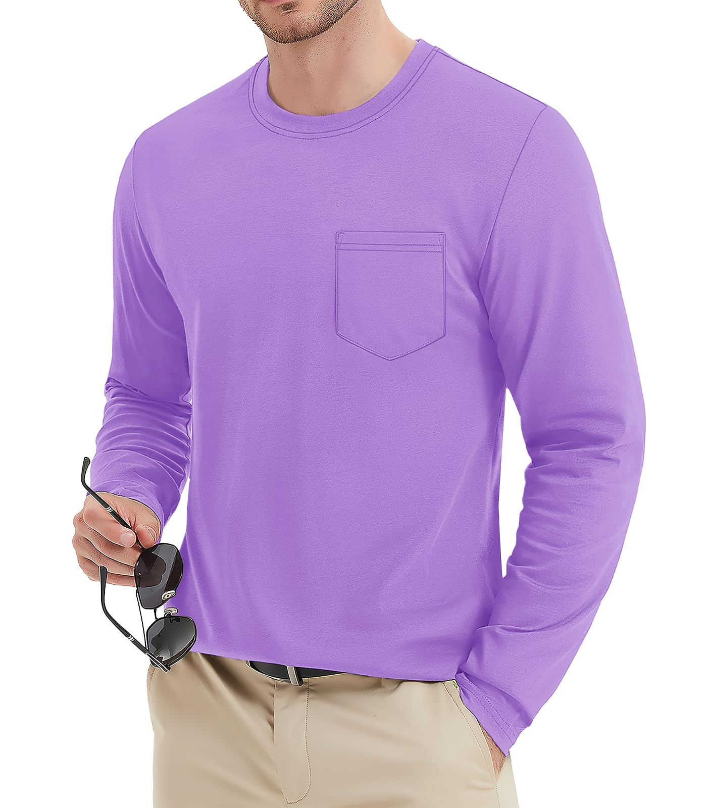 MAGNIVIT Men's Long Sleeve Cotton Shirts with Pocket Crew Neck Casual Shirt Regular Fit Solid Top Spring Fashion 2025