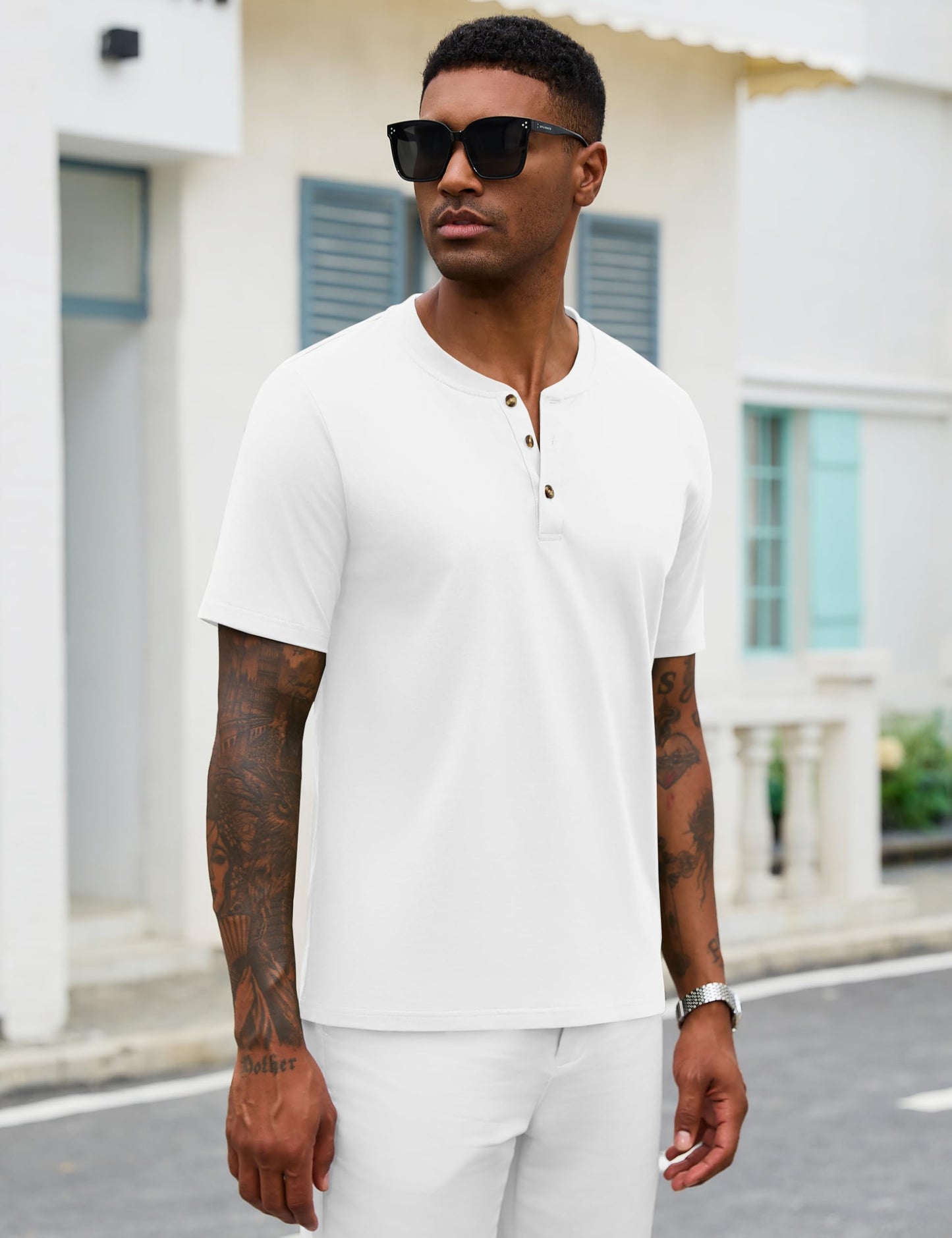 MAGNIVIT Mens Henley Shirts Short Sleeve Cotton Casual Summer Basic T-Shirts 3 Button Solid Collarless Shirts for Work