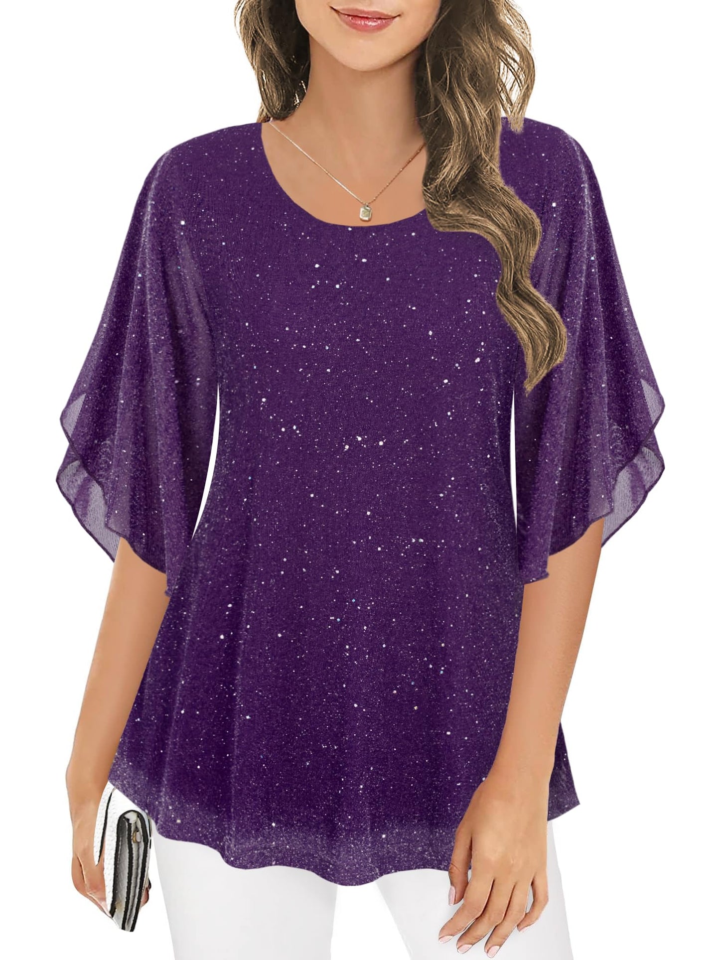 Ninedaily Women's Tops 3/4 Sleeve Blouses Dressy Casual Double Layers Mesh Tunic Shirts