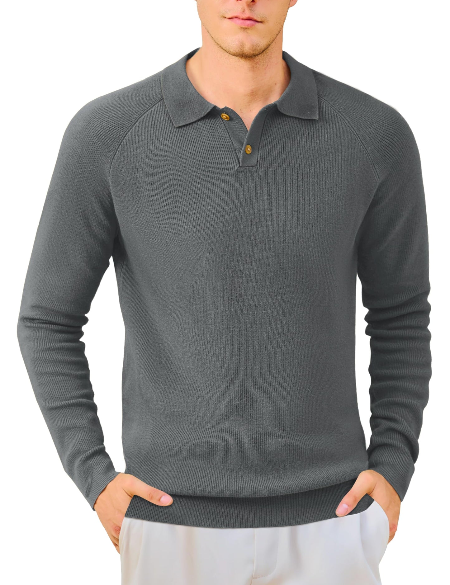 MAGNIVIT Mens Long Sleeve Knit Polo Shirts Casual Raglan Sleeve Sweater 2-Button Down Anti-Pilling Golf Shirts
