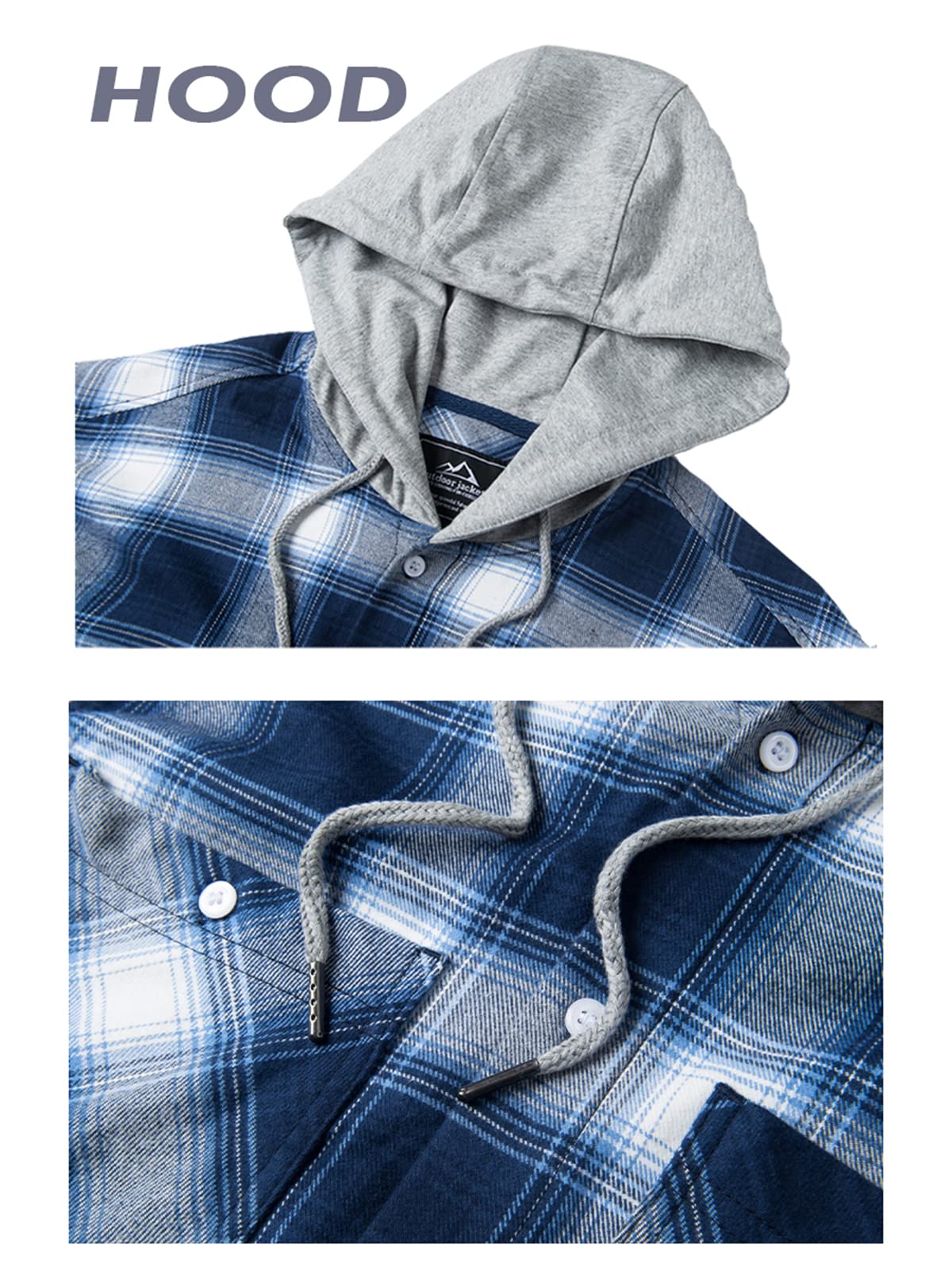 MAGNIVIT Mens Classic Plaid Long Sleeve Hooded Shirts Multi Pockets Thin Cotton Light Jacket Relaxed Fit Casual Outwear