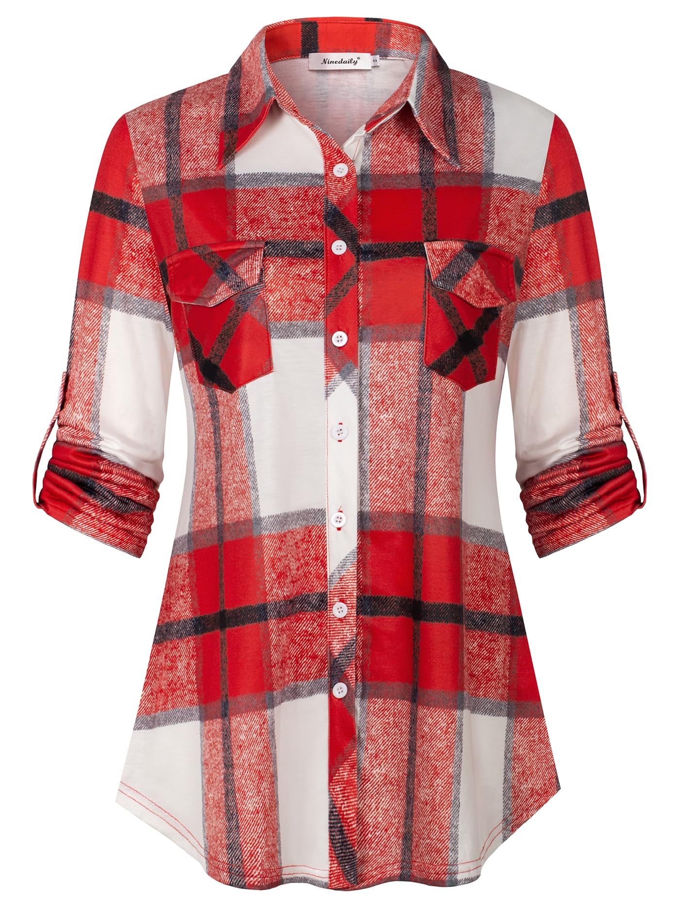 Ninedaily Women's Plaid Shirt Collared Button Down Blouse 3/4 Sleeve Tunic Tops