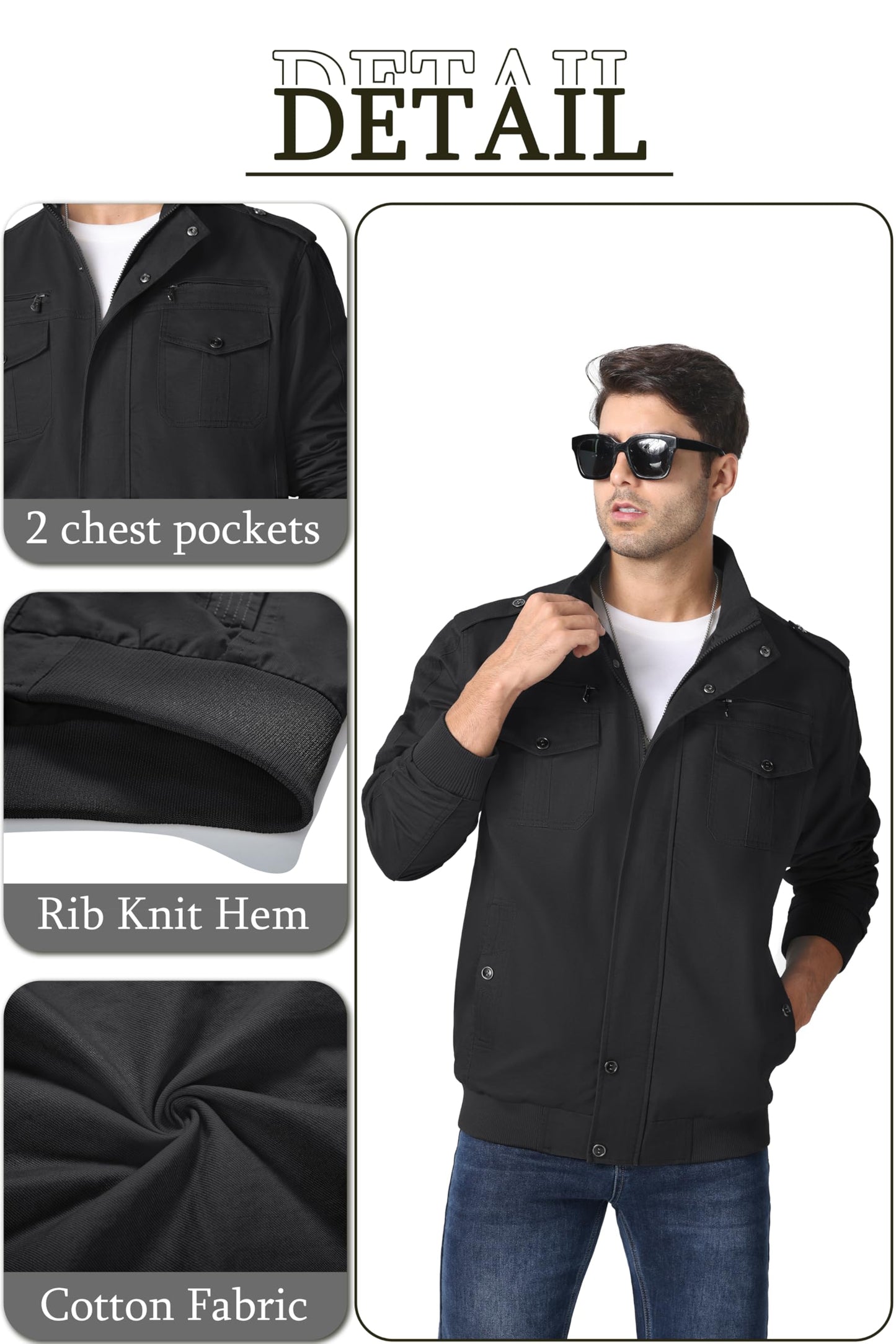 MAGNIVIT Men's Military Lightweight Army Windbreaker Cargo Jacket With Stand Collar, Zip Front, 7 Pockets - Cotton