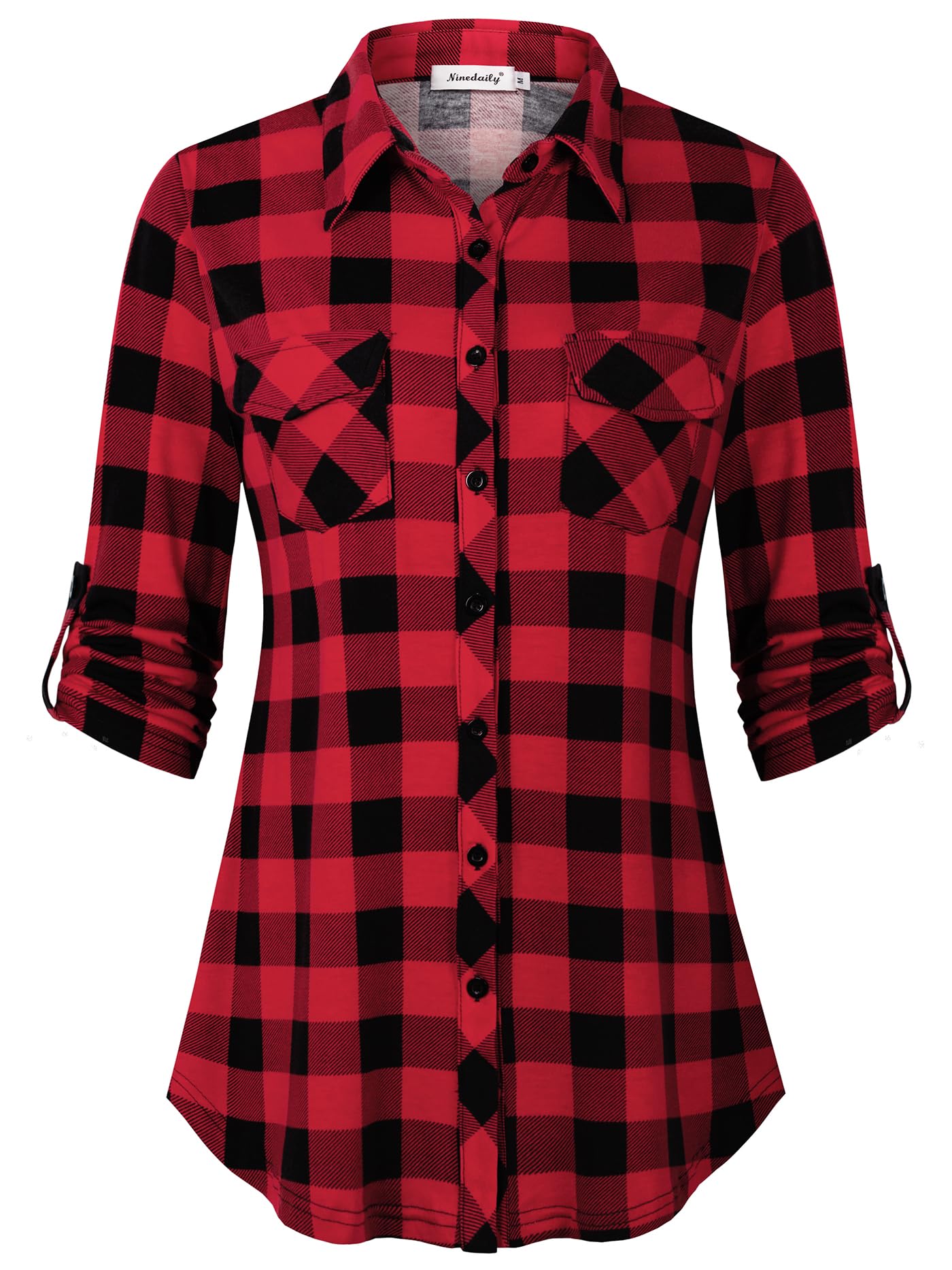 Ninedaily Women's Plaid Shirt Collared Button Down Blouse 3/4 Sleeve Tunic Tops