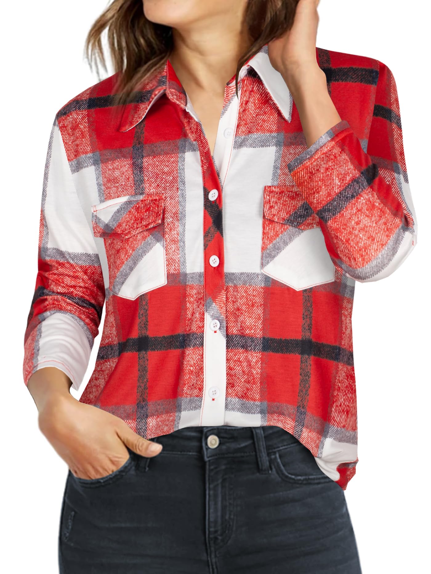 Ninedaily Women's Plaid Shirt Collared Button Down Blouse 3/4 Sleeve Tunic Tops