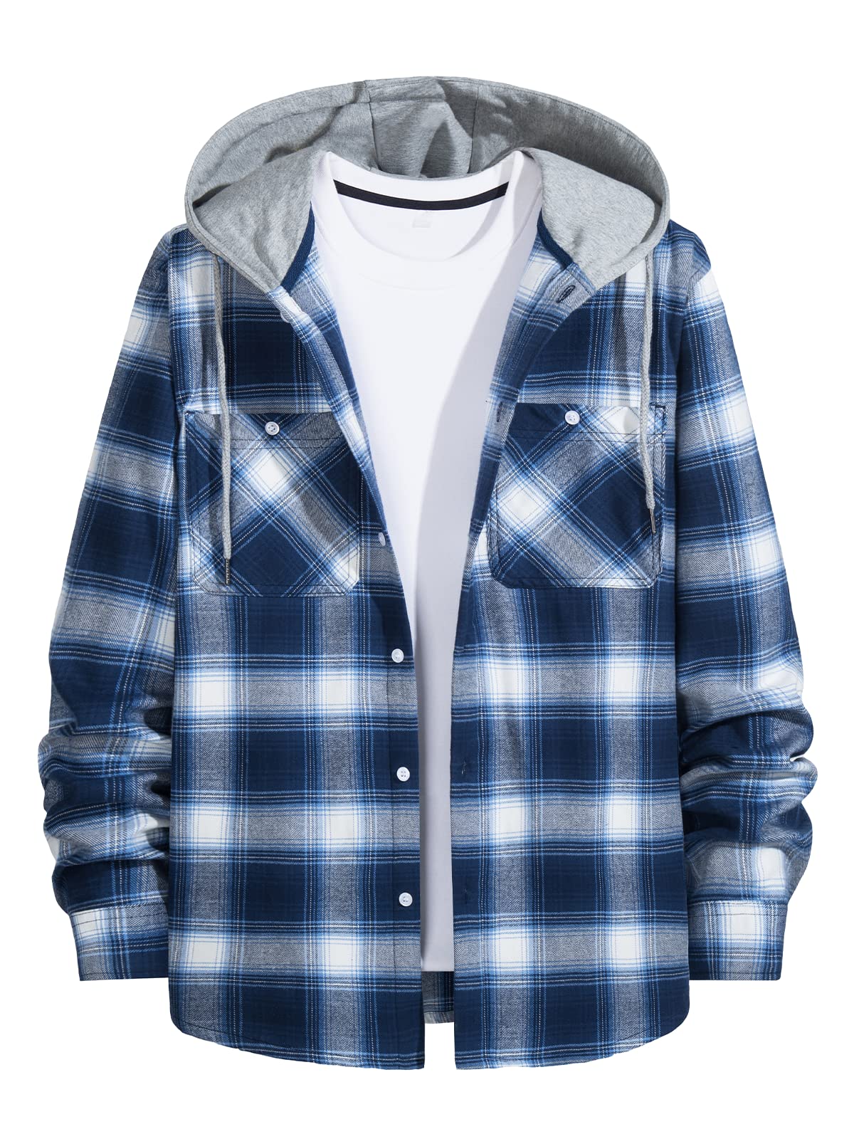 MAGNIVIT Mens Classic Plaid Long Sleeve Hooded Shirts Multi Pockets Thin Cotton Light Jacket Relaxed Fit Casual Outwear