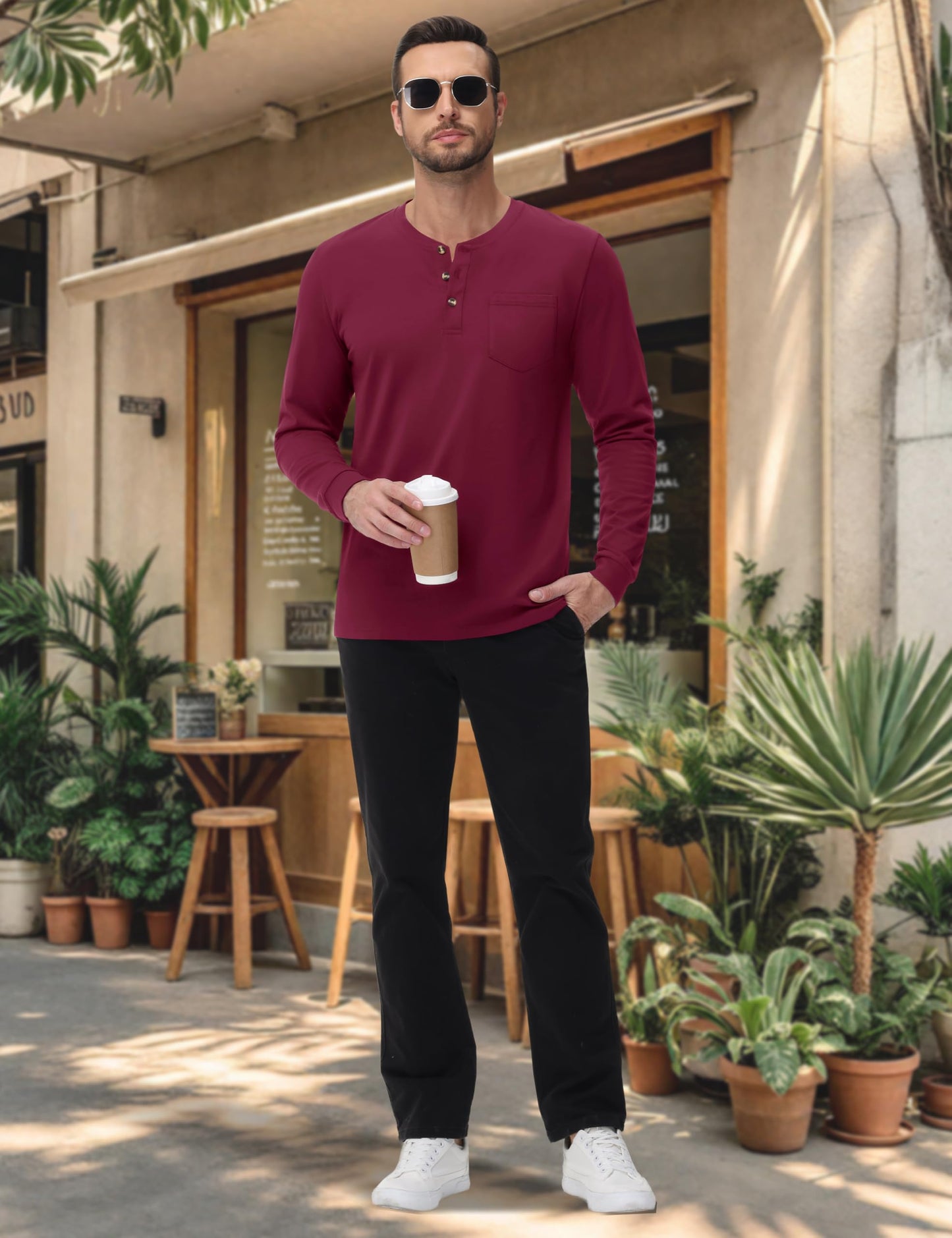 MAGNIVIT Mens Henley Shirts Long Sleeve with Pocket Fall Cotton Casual T-Shirts Plain Moisture Wicking Tee with 3 Button