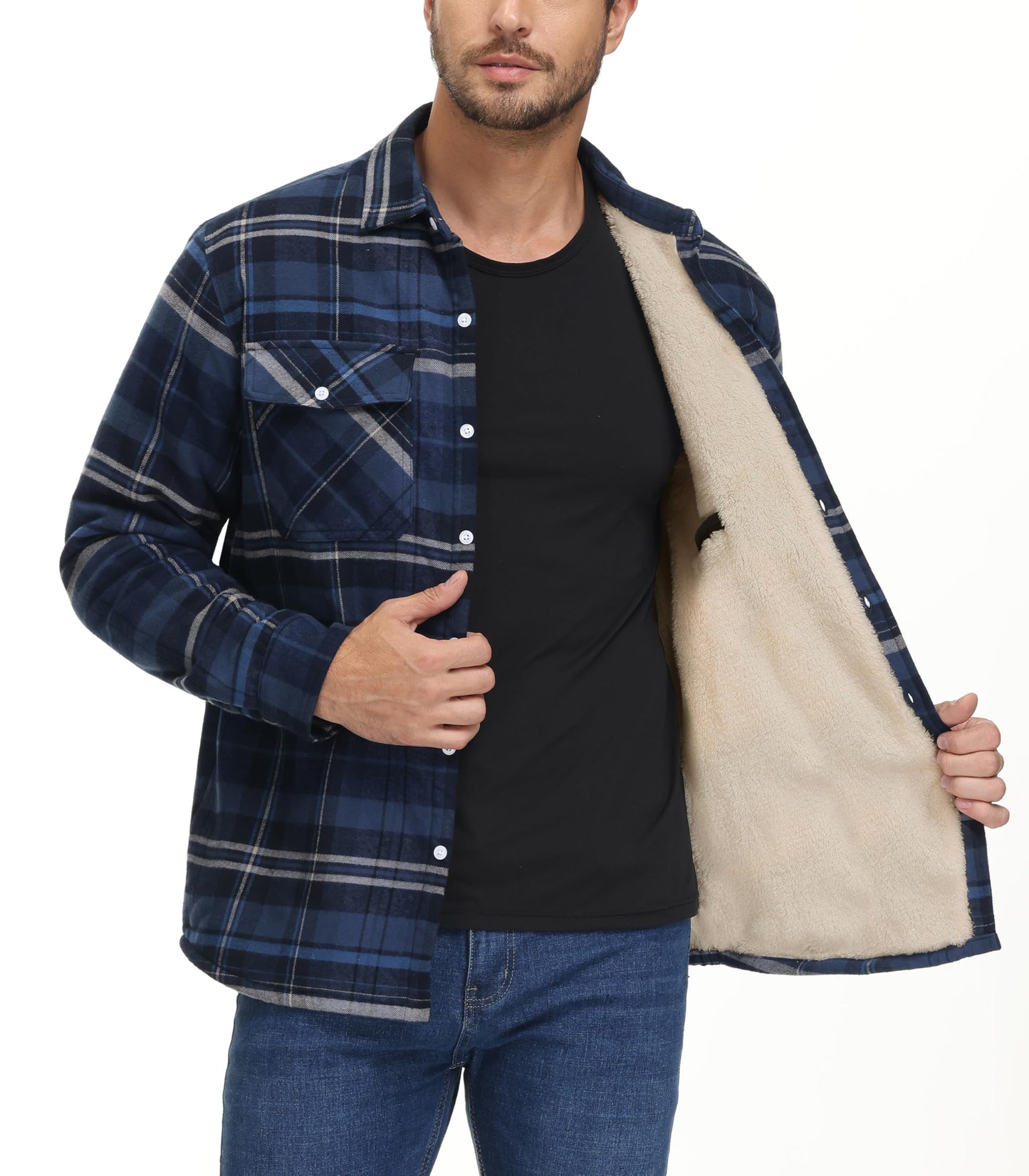 MAGNIVIT Mens Flannel Plaid Shirts Fleece Warm Winter Coat Sherpa Lining Jackets Soft Thickened Outwear Casual Outdoor Travel